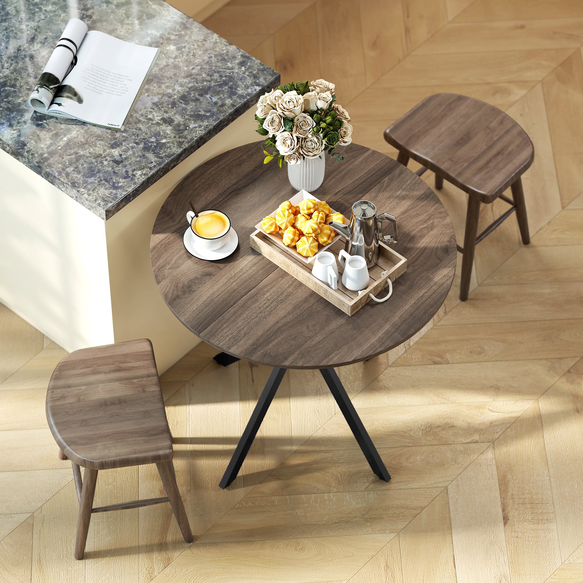 80cm Round Dining Table, Industrial Kitchen Table with Cross Steel Legs for Dining Room, Kitchen, Living Room, Brown