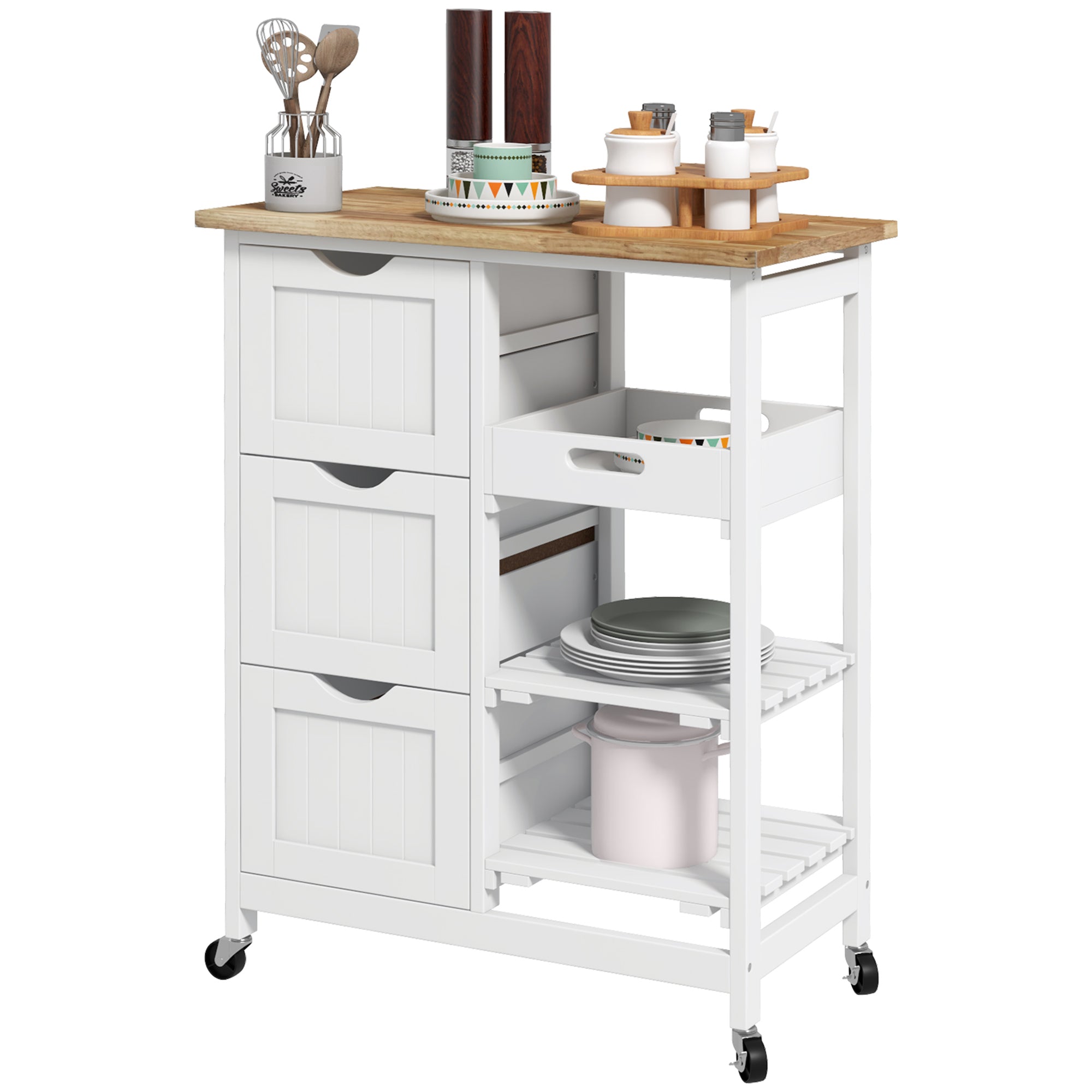 HOMCOM Rolling Kitchen Island Cart, Bar Serving Cart, Compact Trolley on Wheels with Wood Top, Shelves and Drawers, White