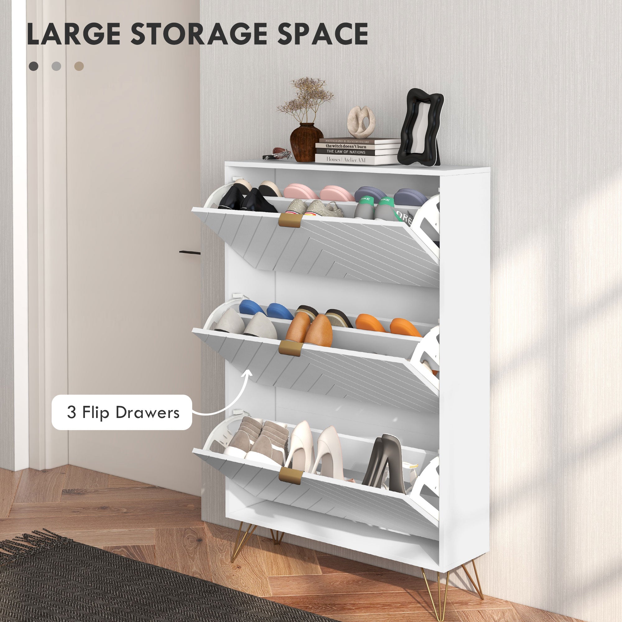 HOMCOM Narrow Shoe Cabinet with 3 Flip Drawers, Slim Shoe Storage Cabinet with Adjustable Shelves, Hairpin Legs and 8 Vents for 18 Pairs of Shoes for Entryway, White