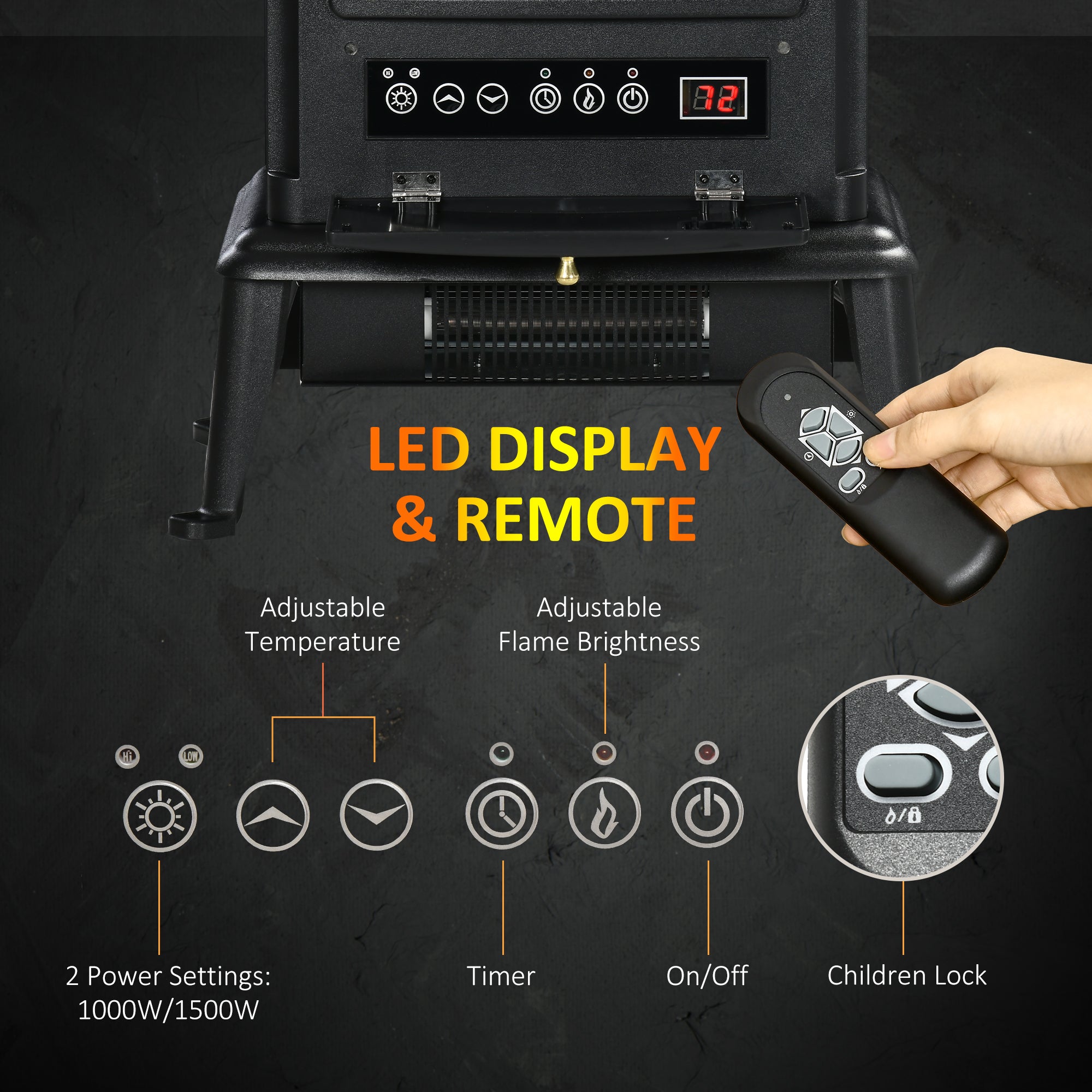 22" Infrared Electric Fireplace Stove, Freestanding Fireplace Heater with 3D Flame Effect, Adjustable Temperature, Timer, 1000W/1500W, Black