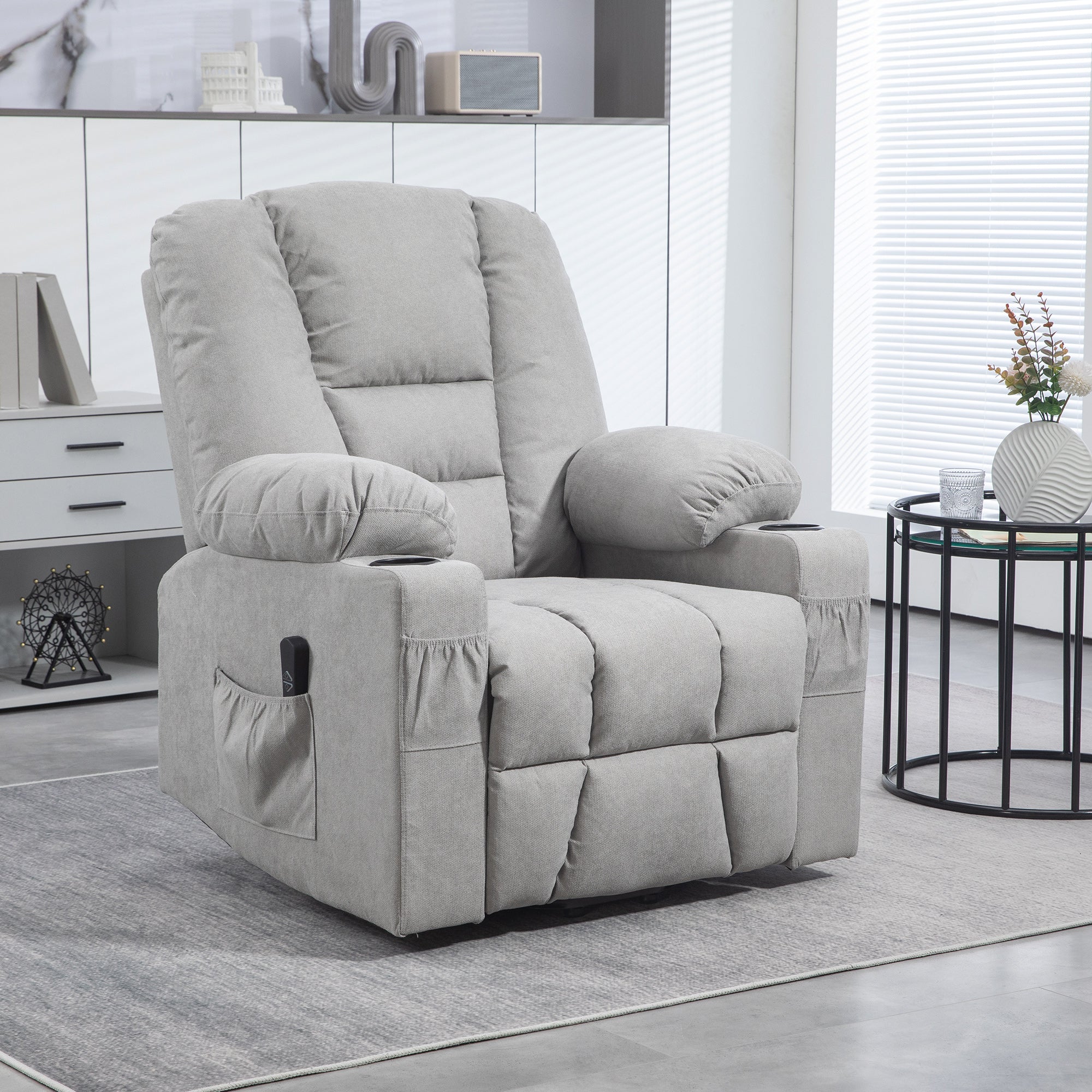 HOMCOM Oversized Riser and Recliner Chairs for the Elderly, Fabric Upholstered Lift Chair for Living Room with Remote Control, Side Pockets, Cup Holder, Light Grey
