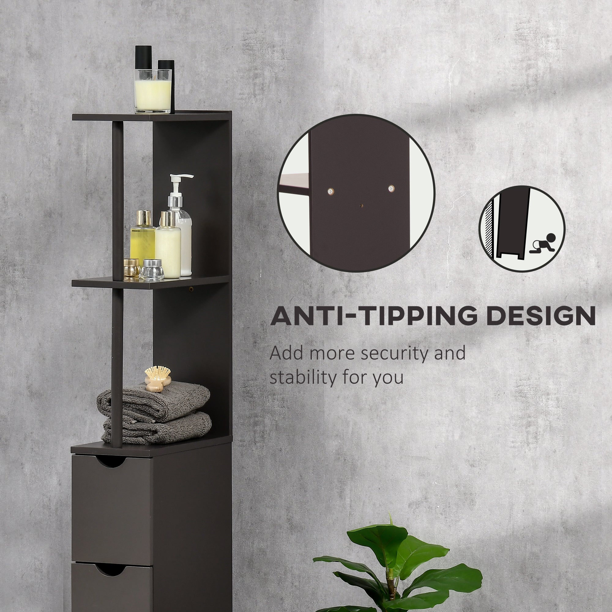 54" Tall Bathroom Storage Cabinet, Freestanding Linen Tower w/ 2 Tier Shelf & Drawers, Brown