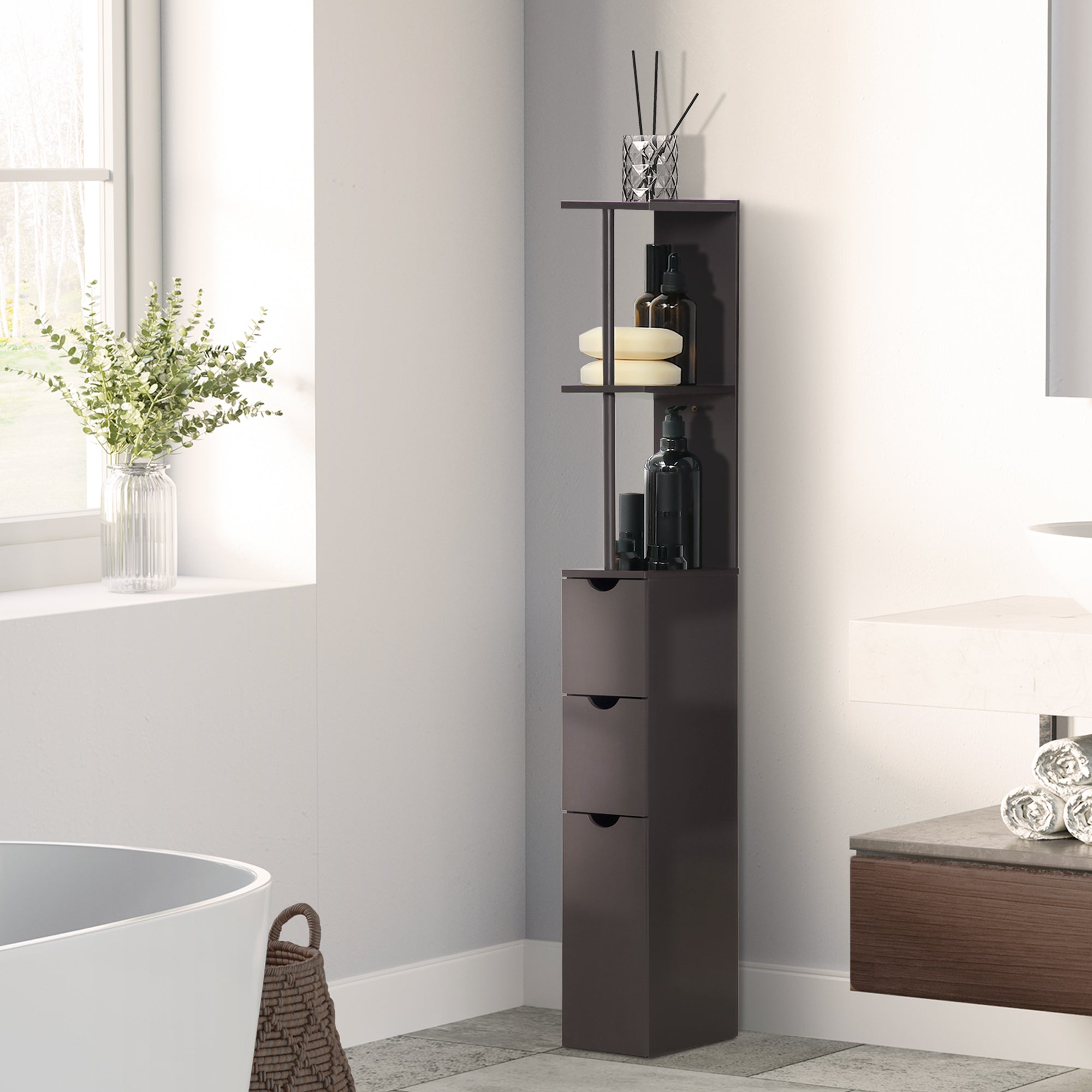 54" Tall Bathroom Storage Cabinet, Freestanding Linen Tower w/ 2 Tier Shelf & Drawers, Brown