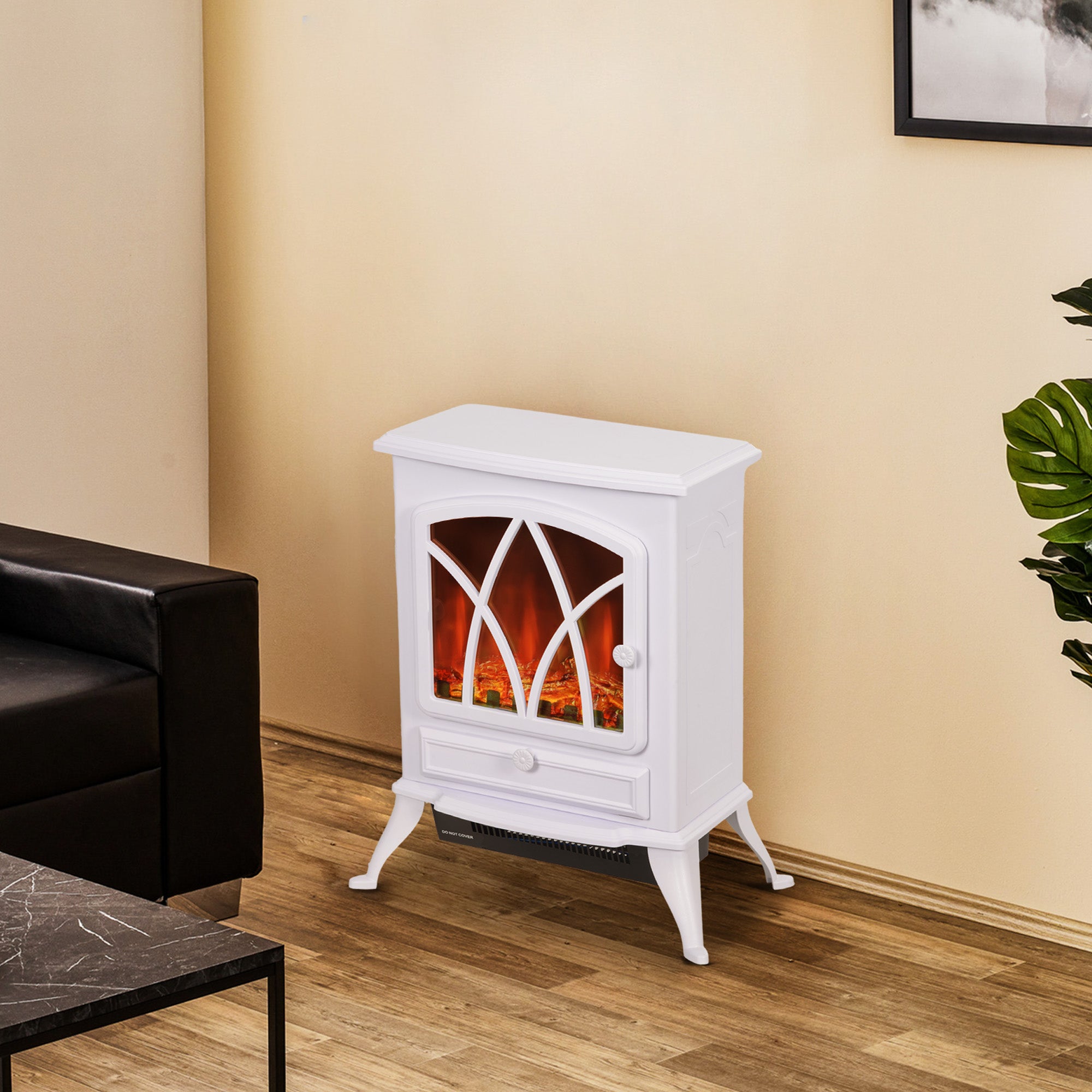 HOMCOM Electric Stove Heater with Realistic Flame Effect, 2000W Portable Indoor Freestanding Electric Fireplace with Adjustable Thermostat, White