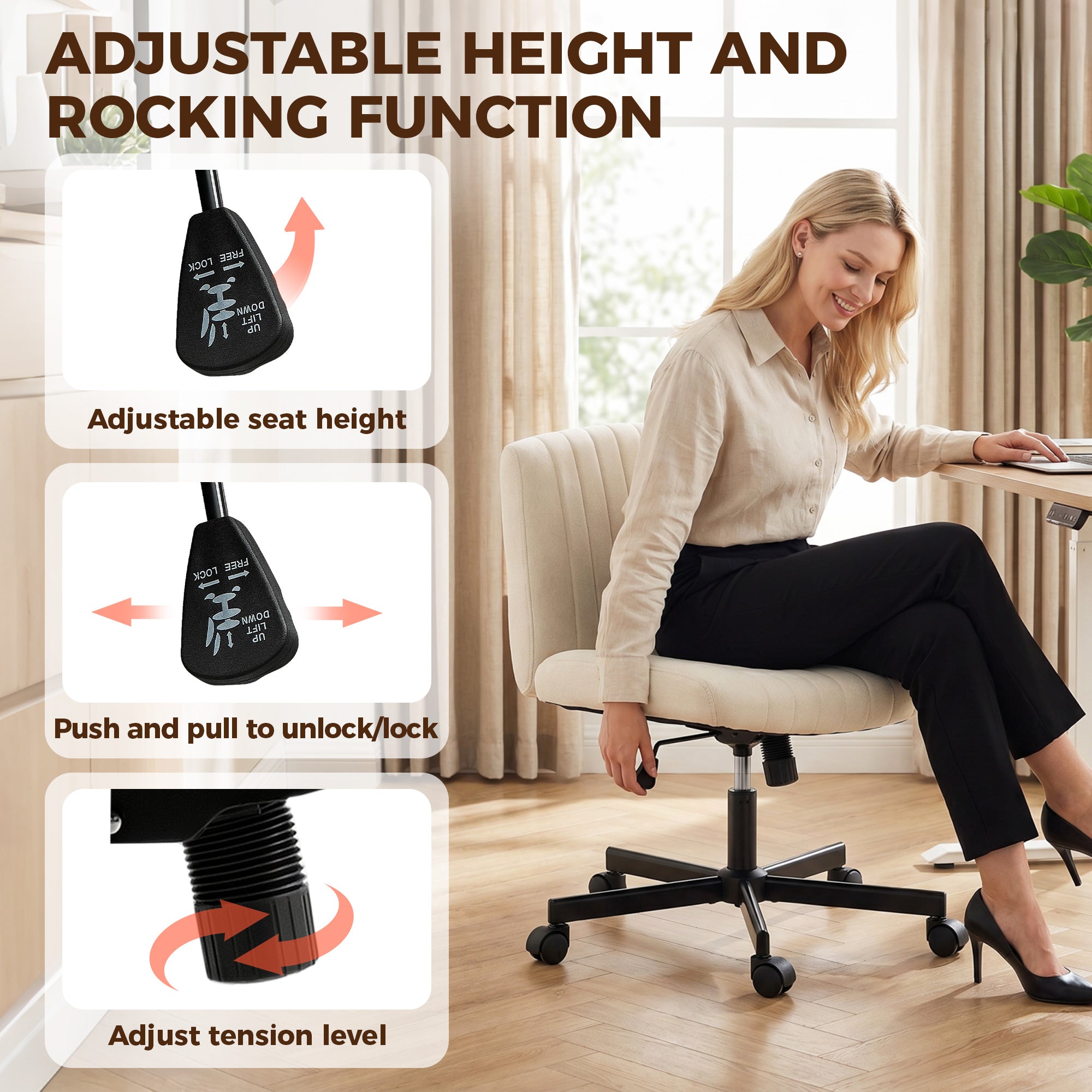 Armless Office Chair with Wheels, Imitation Linen Criss Cross Legged Desk Chair with Wide Seat, Thick Padding, Rock Function, Height Adjustable Swivel Computer Seat for Home, Cream