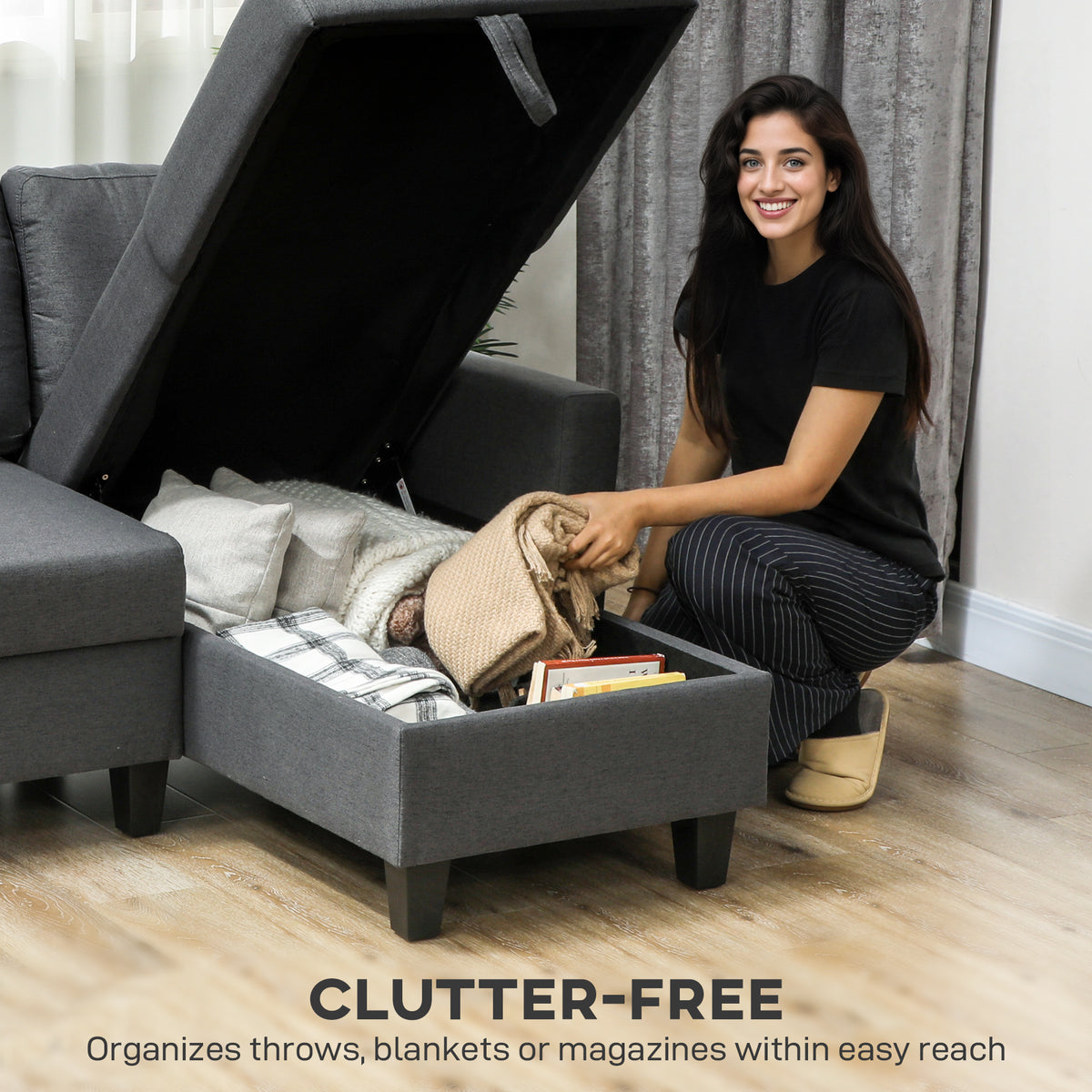77.6" Sofa Bed, Convertible Pull Out Sleeper Sofa, Linen L Shaped Sectional Couch with Reversible Storage Chaise, Wide and Deep Seat for Living Room, Charcoal Grey