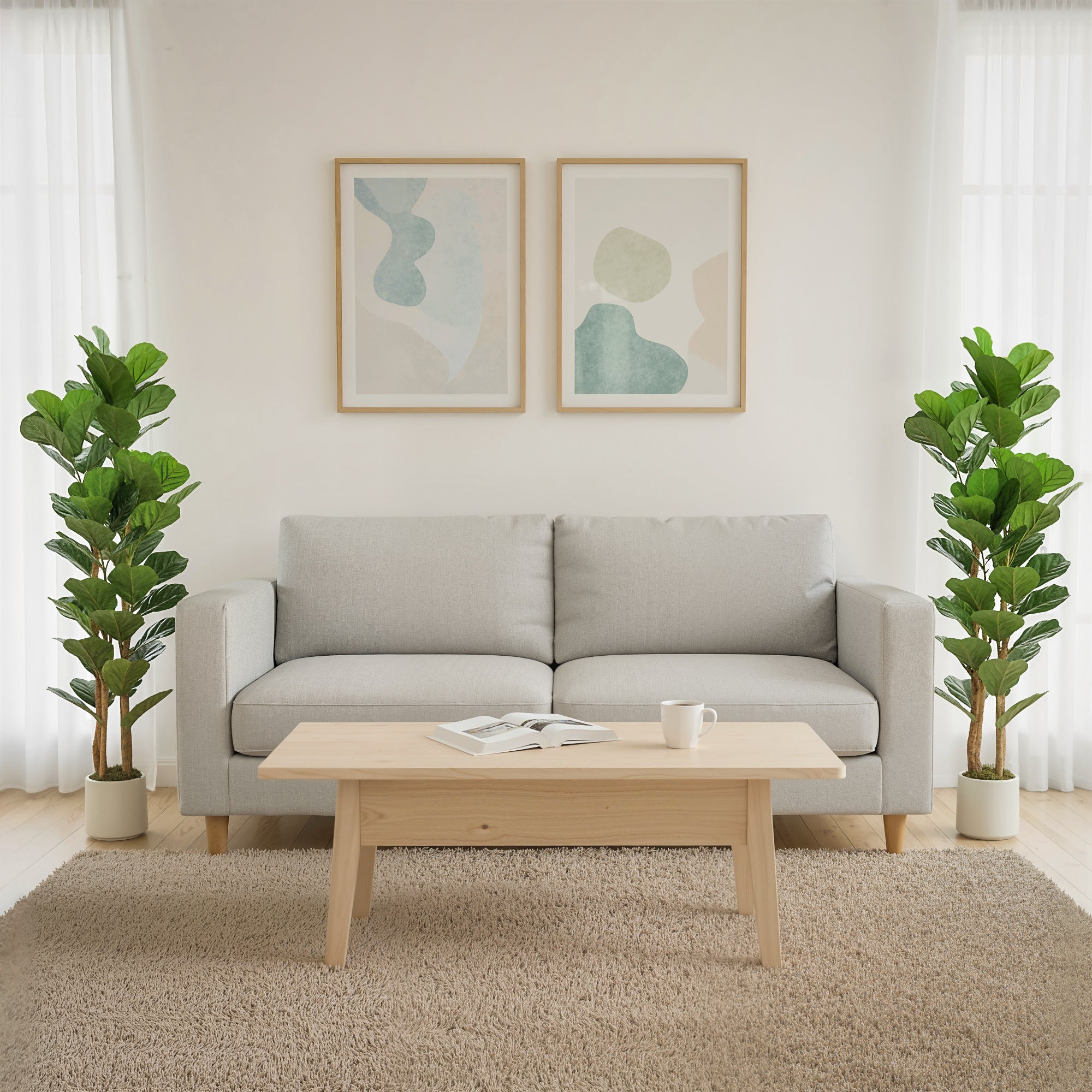 5FT Artificial Fiddle Leaf Fig Tree Set of 2 with Solid Wood Trunks, Lifelike Fake Tree with 71 Leaves in Pot for Indoor Living Room Office Home Decor, Green