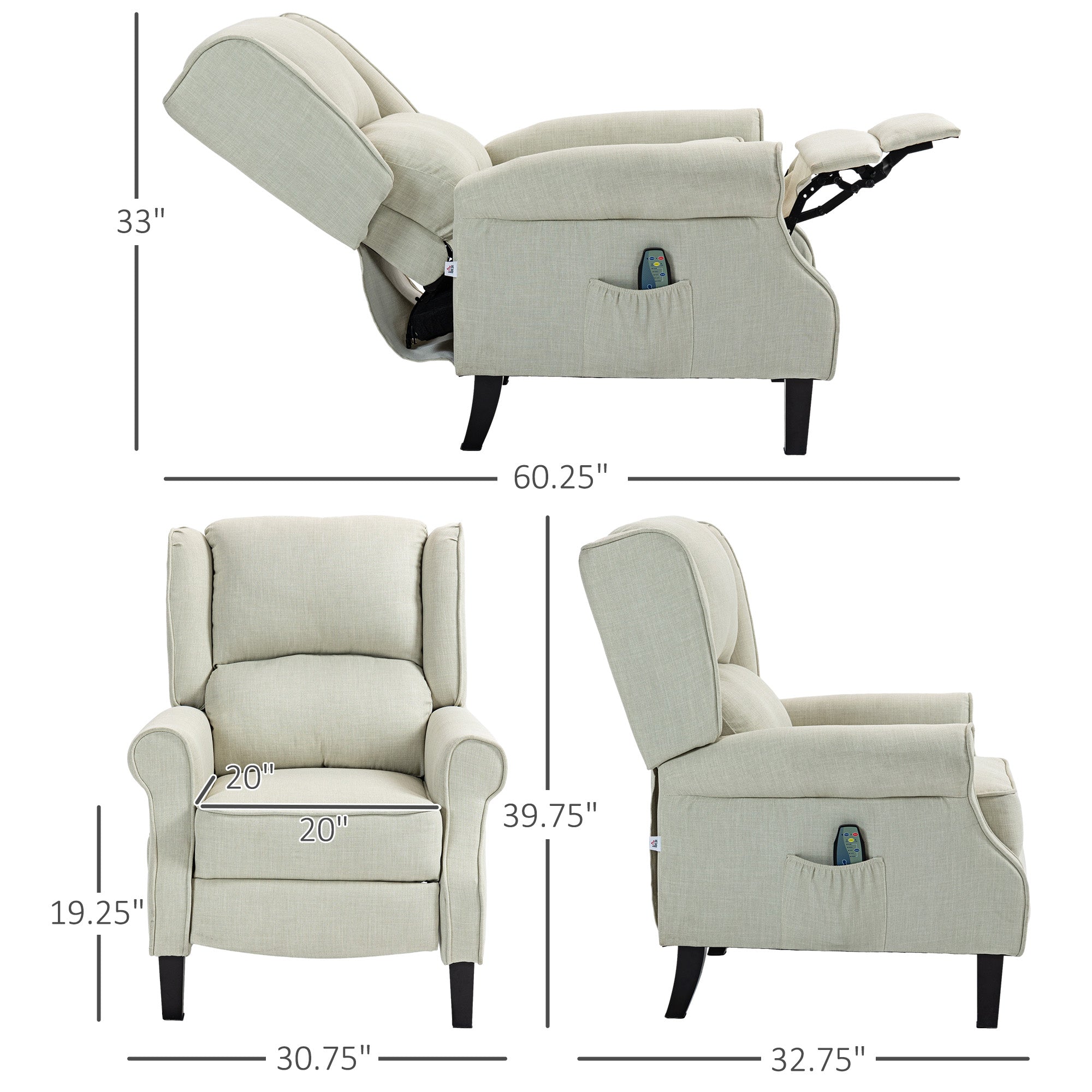 Heated Vibrating Massage Wingback Push Back Recliner Chair with Footrest, White