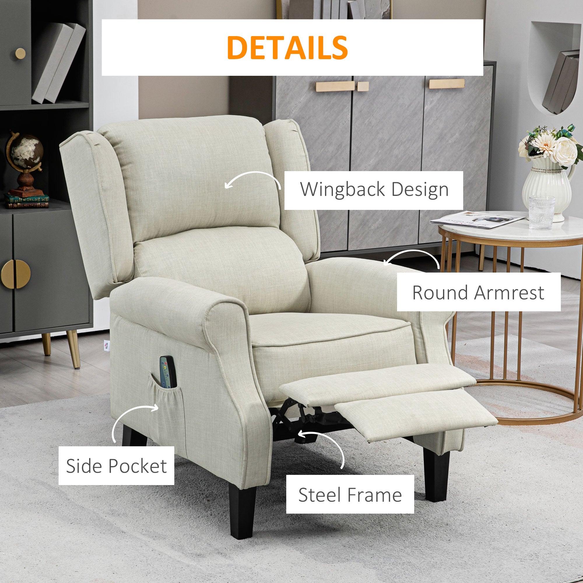 Heated Vibrating Massage Wingback Push Back Recliner Chair with Footrest, White
