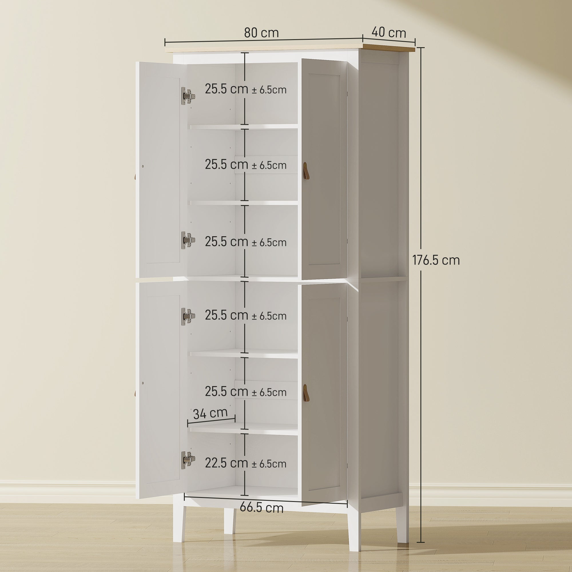 Tall Kitchen Cupboard with Motion Sensor LED Light, 3-Colour Dimmable Lighting, 177 cm Freestanding Storage Cabinet with Doors and Adjustable Shelves, White