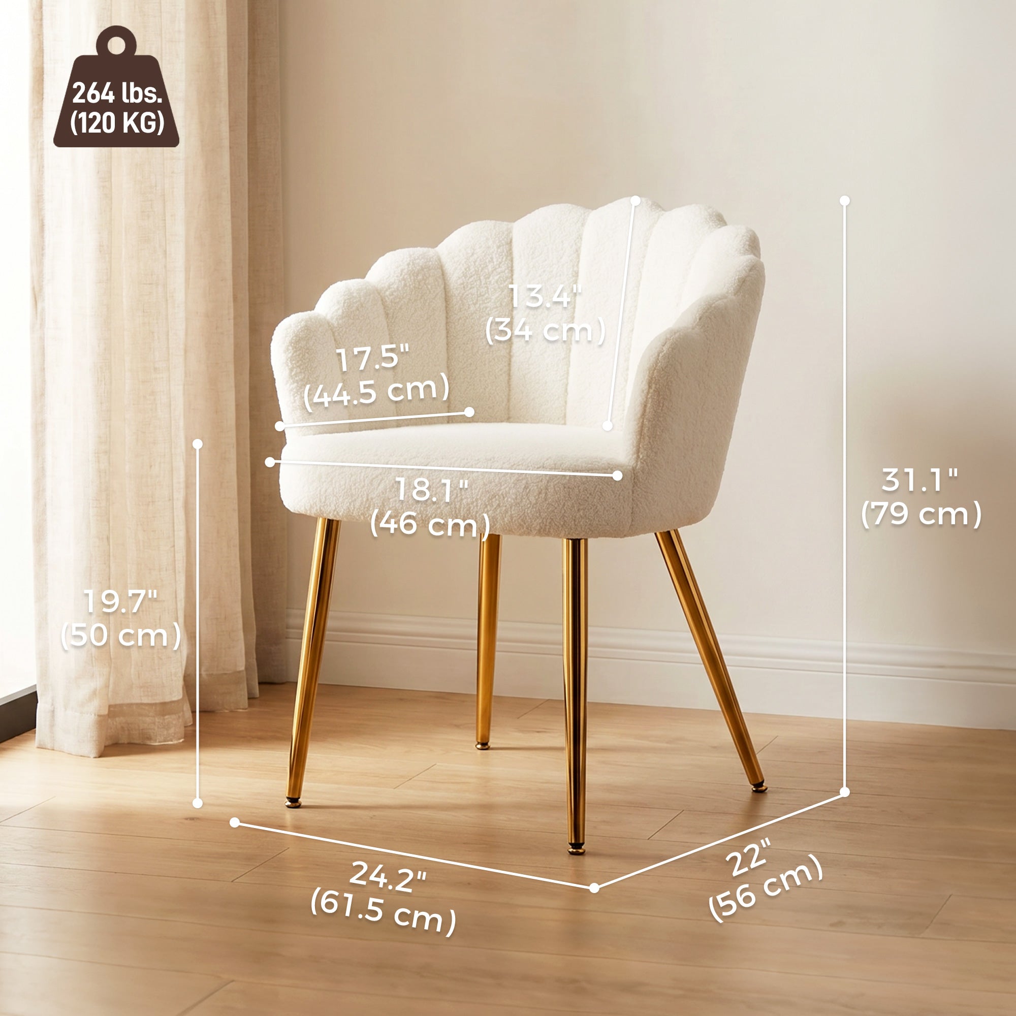 Petal-Back Accent Chair, Faux Lamb Wool Upholstered Armchair, Living Room Chair with Metal Legs, Adjustable Foot Pads, Cream