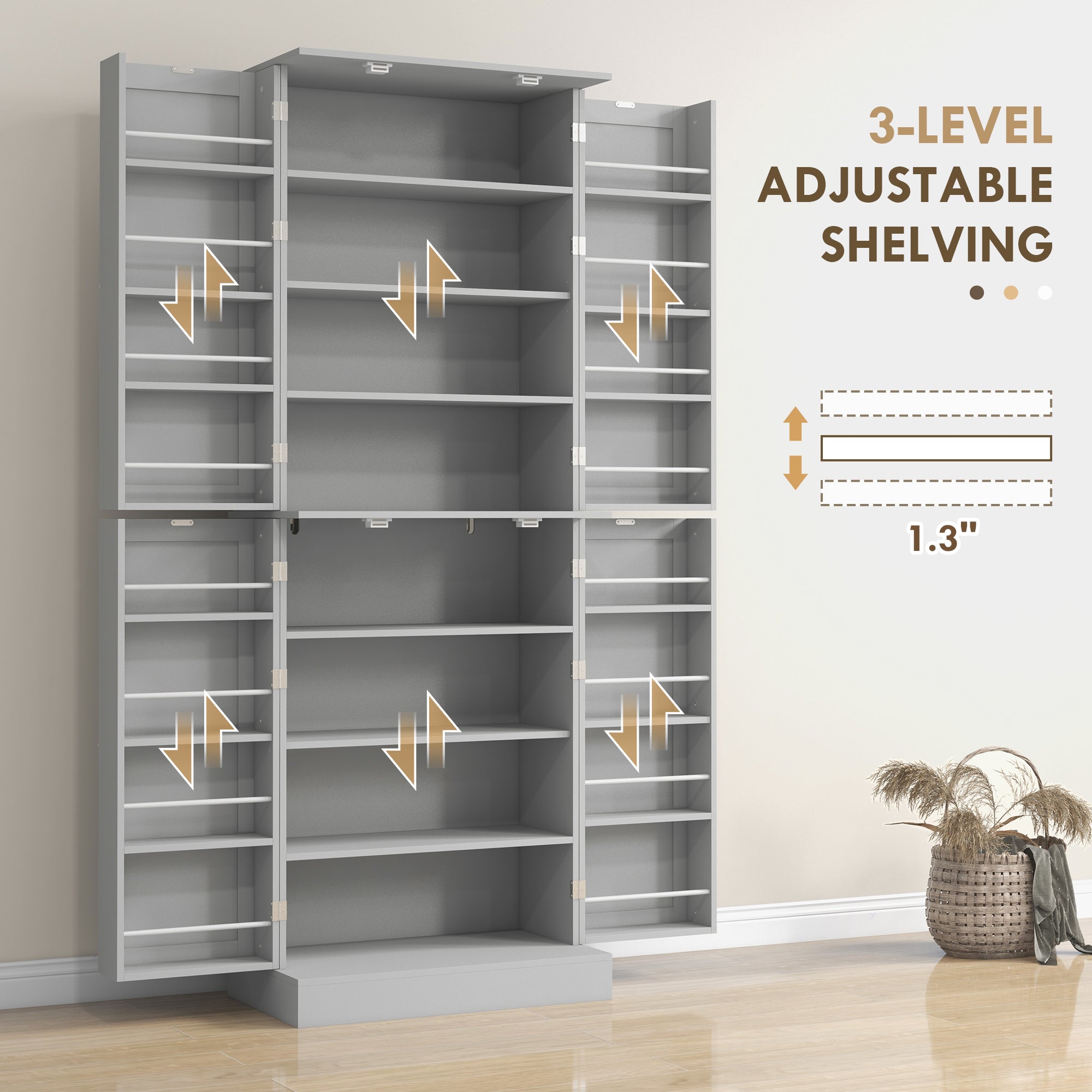 65" Kitchen Cabinet with 4 Doors and 16 Door Shelves for Dining Room, Gray - HOMCOM