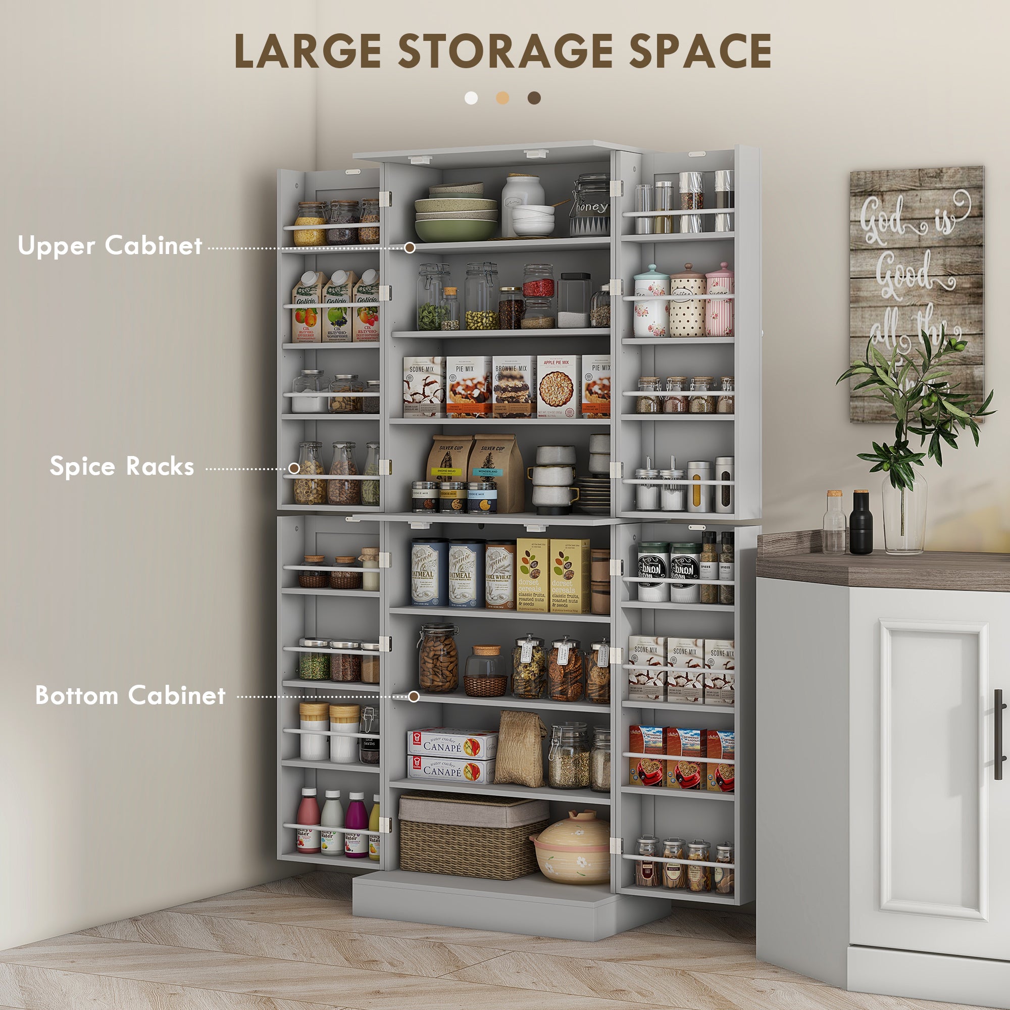65" Kitchen Cabinet with 4 Doors and 16 Door Shelves for Dining Room, Gray - HOMCOM