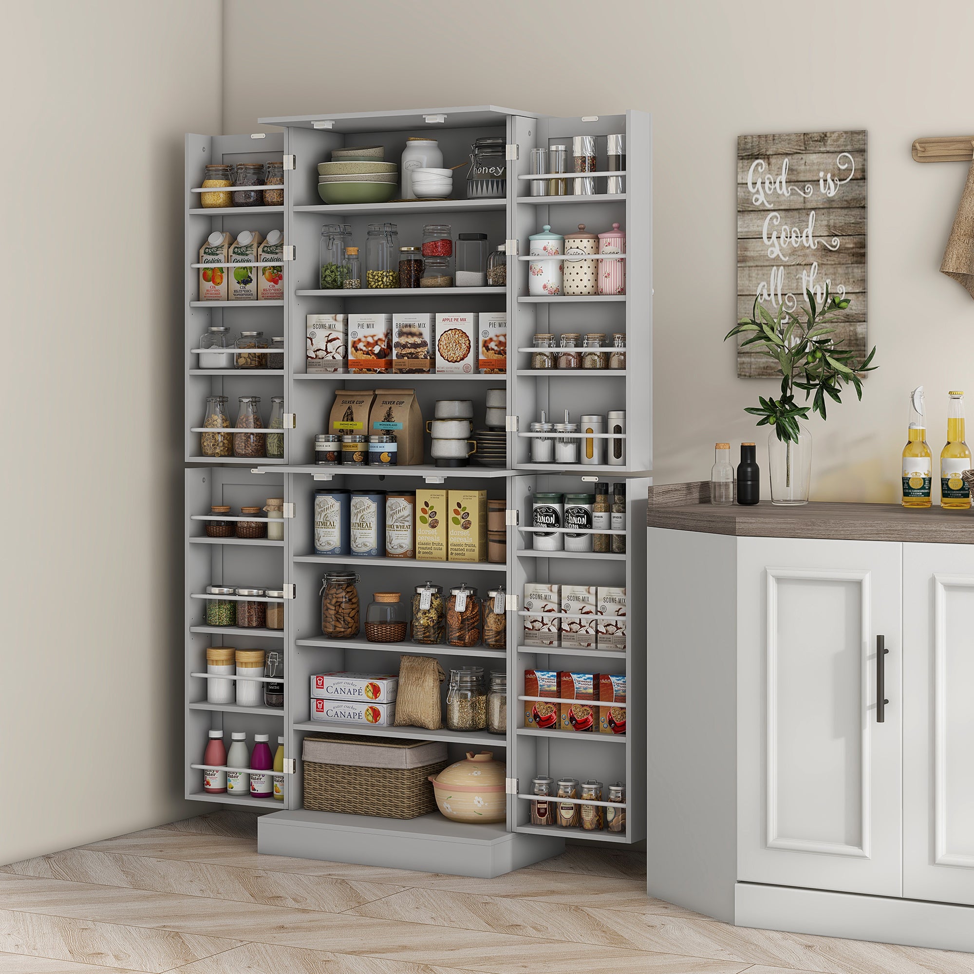 65" Kitchen Cabinet with 4 Doors and 16 Door Shelves for Dining Room, Gray - HOMCOM