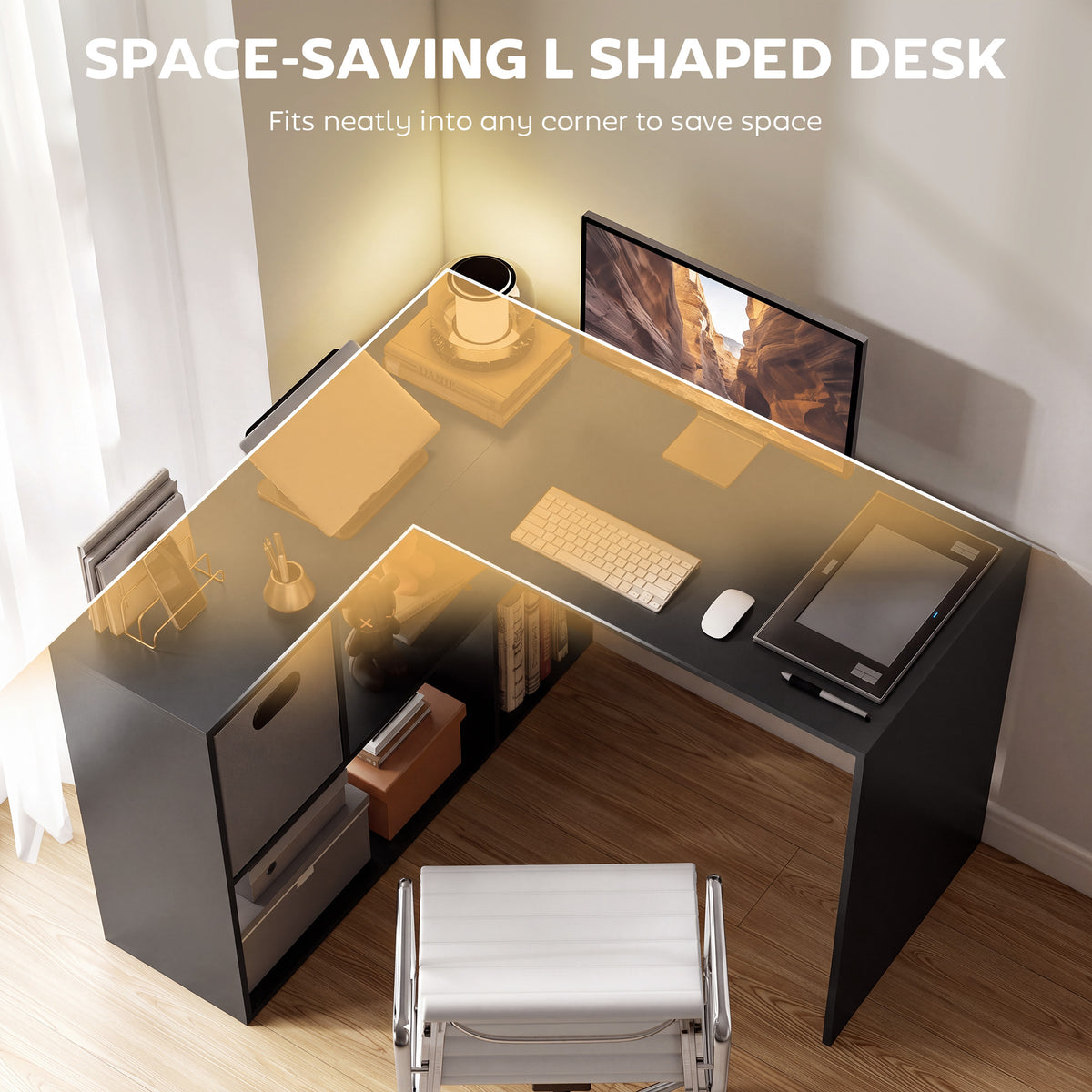 110 cm L-Shaped Desk, Small Computer Desk with Fabric Drawer and Storage Shelves for Home Office, Study, Black
