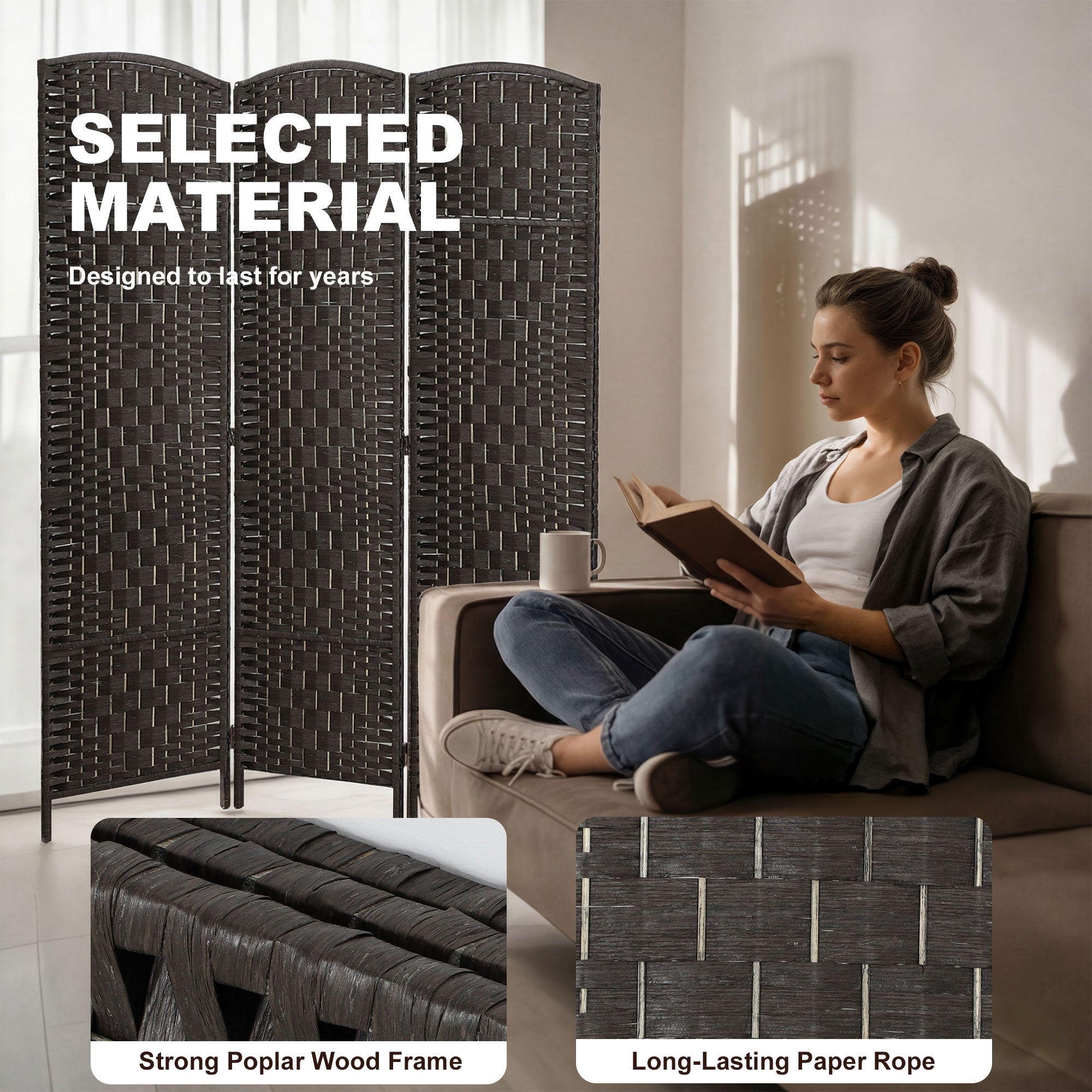 Room Divider, 3 Panel Folding Privacy Screen, 70.9" Tall Portable Wicker Weave Partition Wall Divider for Bedroom, Home Office, Coffee