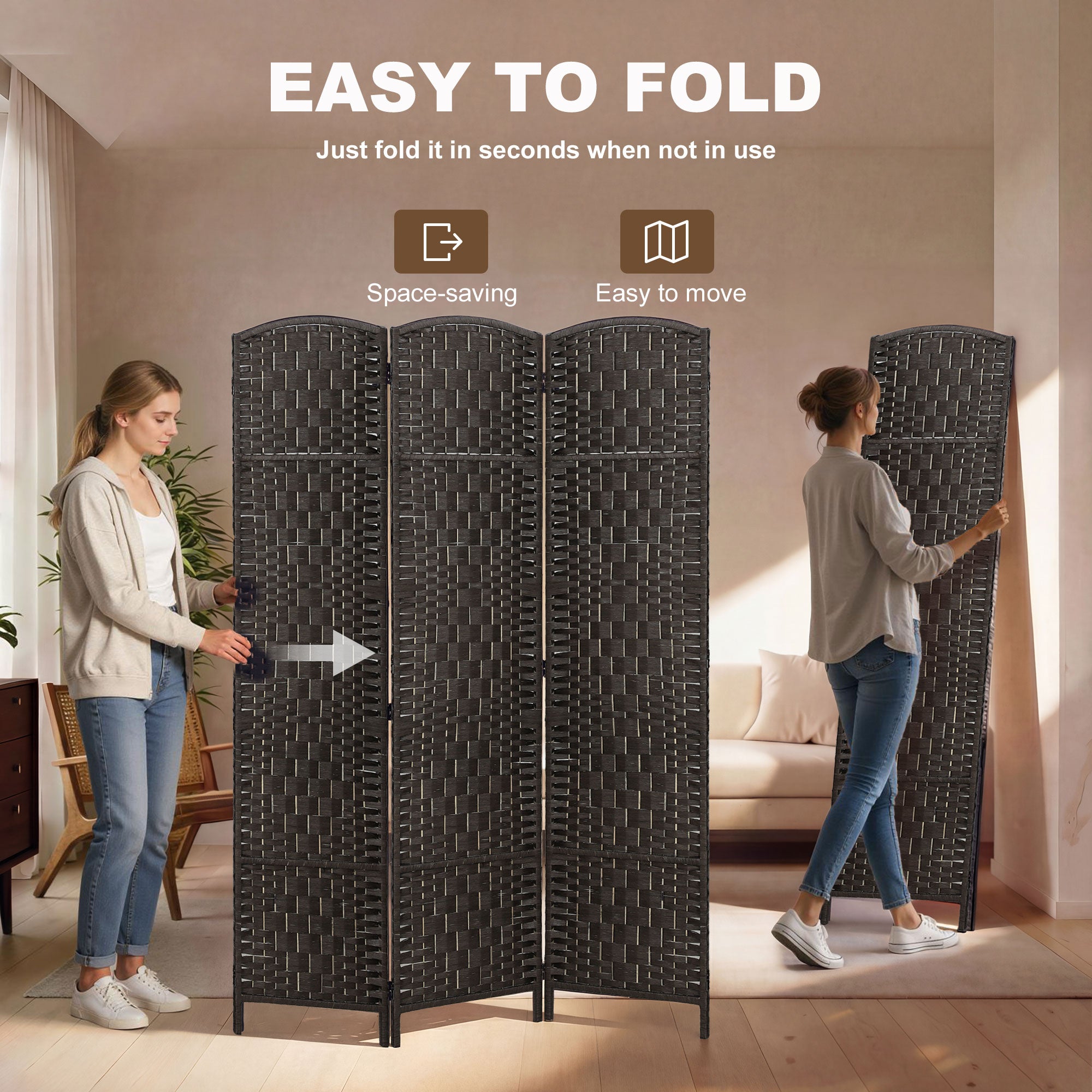 Room Divider, 3 Panel Folding Privacy Screen, 70.9" Tall Portable Wicker Weave Partition Wall Divider for Bedroom, Home Office, Coffee
