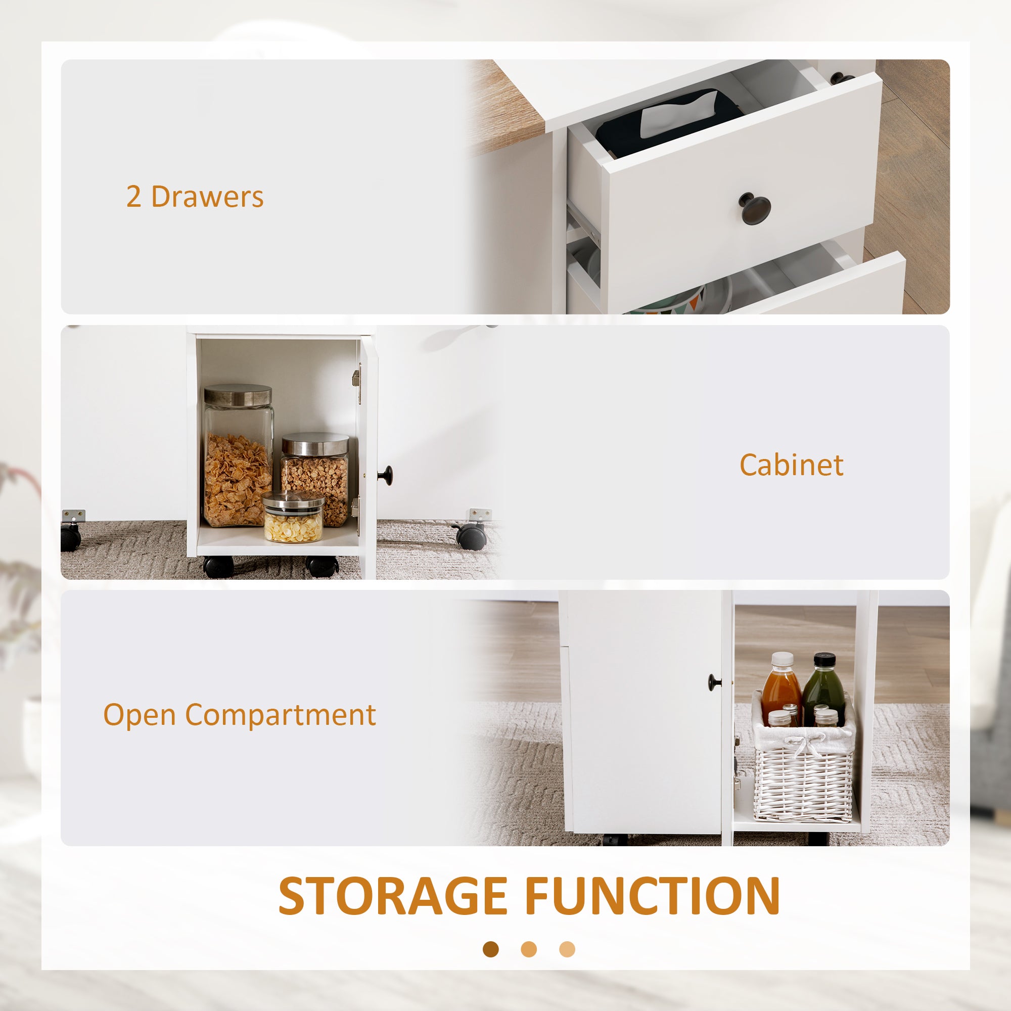 HOMCOM Folding Dining Table for 4-6, Rolling Drop Leaf Table with Storage Drawers, Cabinet and Open Shelf, Extendable Kitchen Table on Wheels, Oak and White