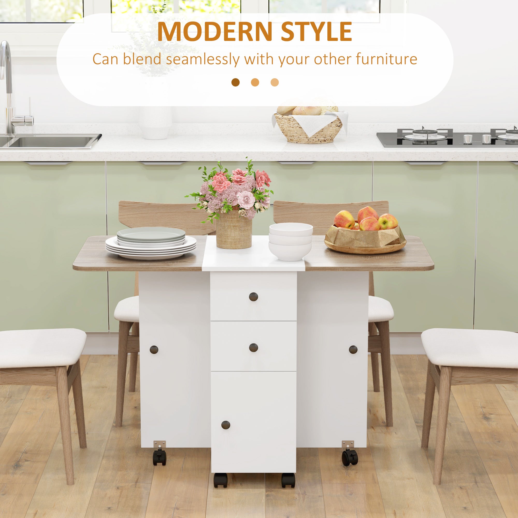 HOMCOM Folding Dining Table for 4-6, Rolling Drop Leaf Table with Storage Drawers, Cabinet and Open Shelf, Extendable Kitchen Table on Wheels, Oak and White