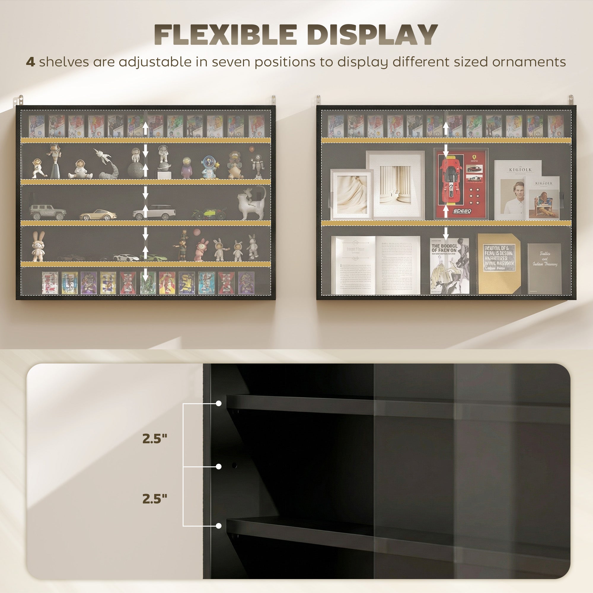 5-Tier Display Cabinet, Glass Door Cabinet with Adjustable Shelves, Wall-Mounted Display Case for Playroom, Bedroom, Jet Black