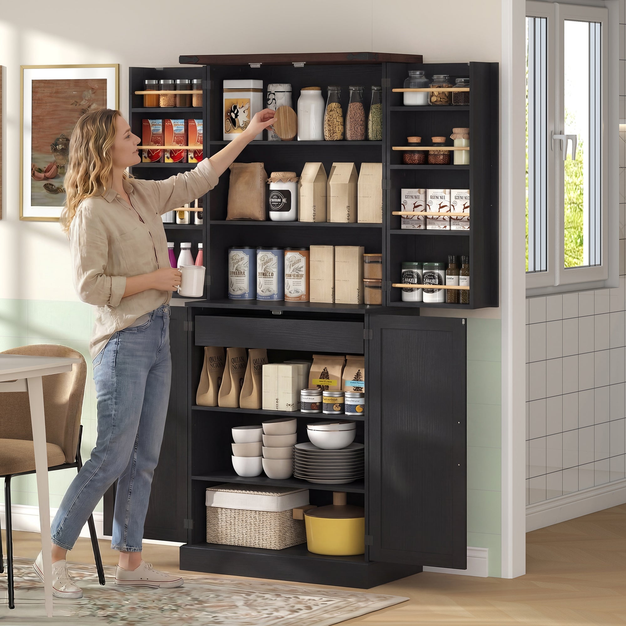 72" Tall Kitchen Pantry Cabinet, Farmhouse Storage Cabinet with 8 Door Racks and Drawer, Freestanding Food Pantry with Adjustable Shelves and Barn Doors, Black