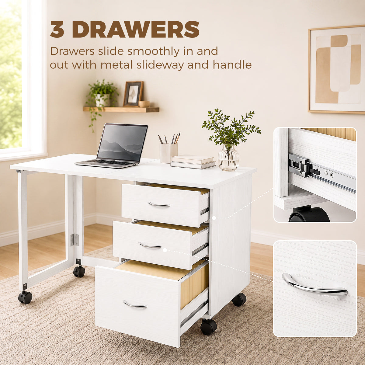 Foldable Computer Desk with 3 Drawers, Mobile Home Office Computer Table with 4 Lockable Wheels, Hanging Bars, Space Saving for Study, Home Office, White Wood Grain