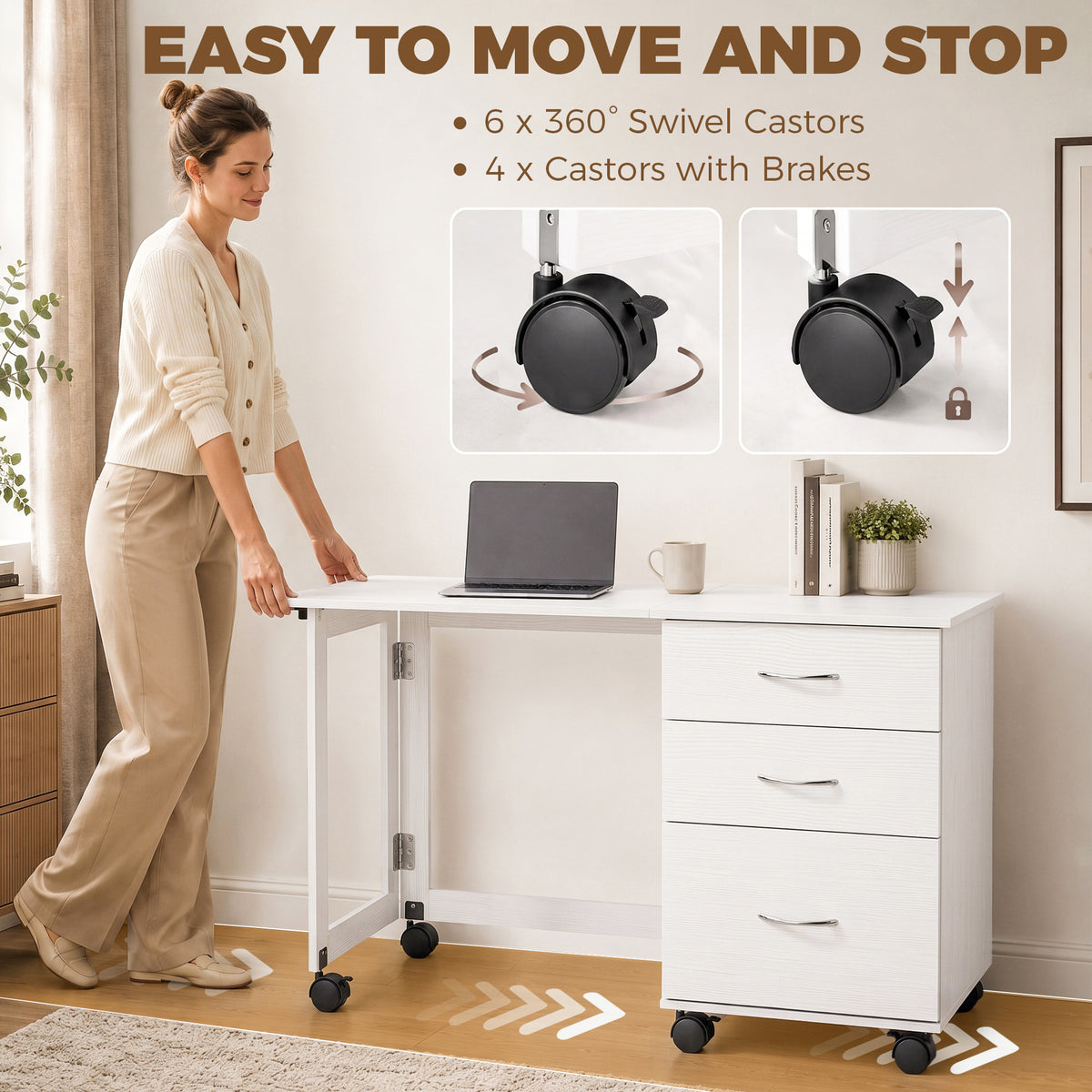 Foldable Computer Desk with 3 Drawers, Mobile Home Office Computer Table with 4 Lockable Wheels, Hanging Bars, Space Saving for Study, Home Office, White Wood Grain