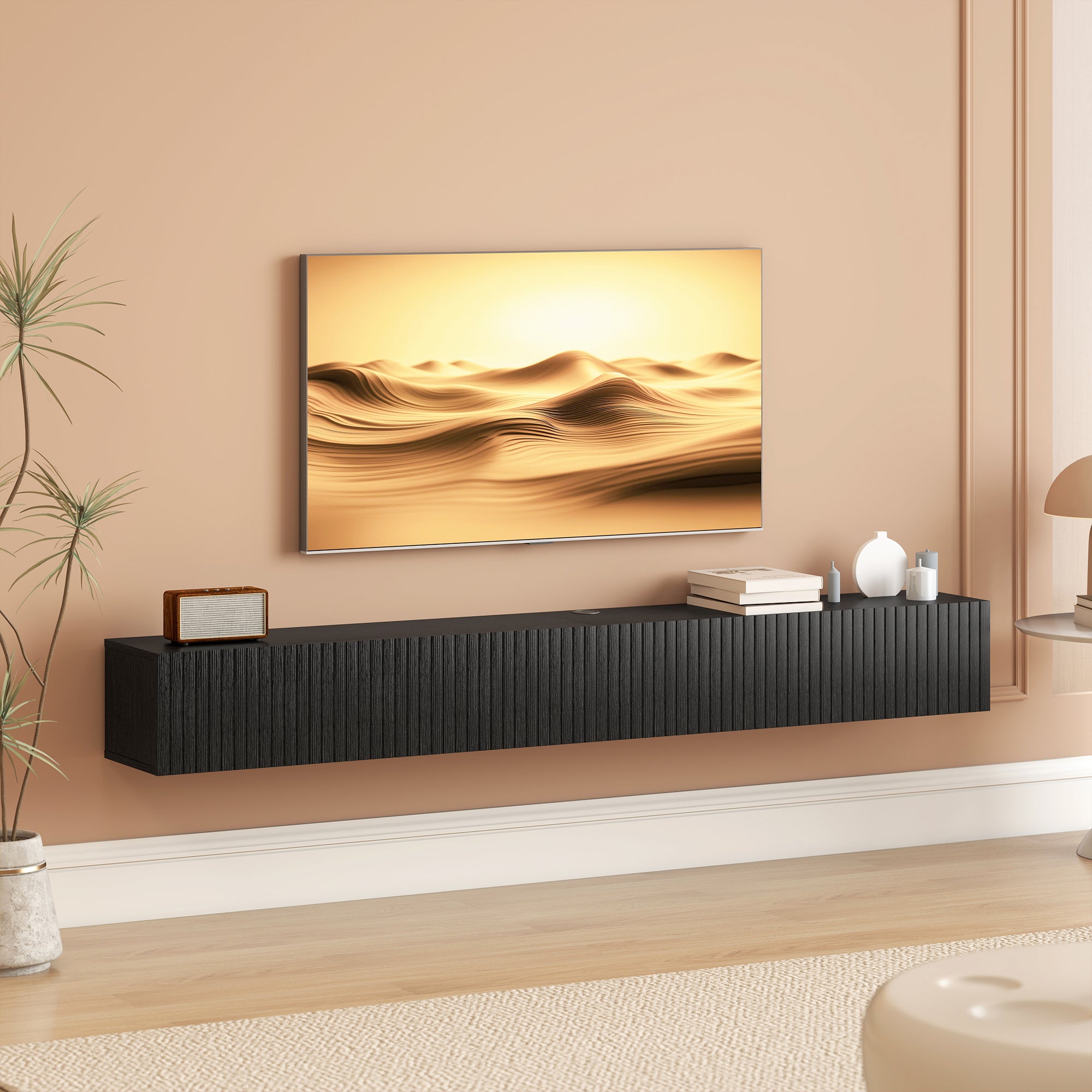 71" Floating TV Stand for TVs up to 72 Inch, Wall Mount Media Console with 2 Fluted Flip-Down Doors, Entertainment Center with Cable Hole for Living Room, Black