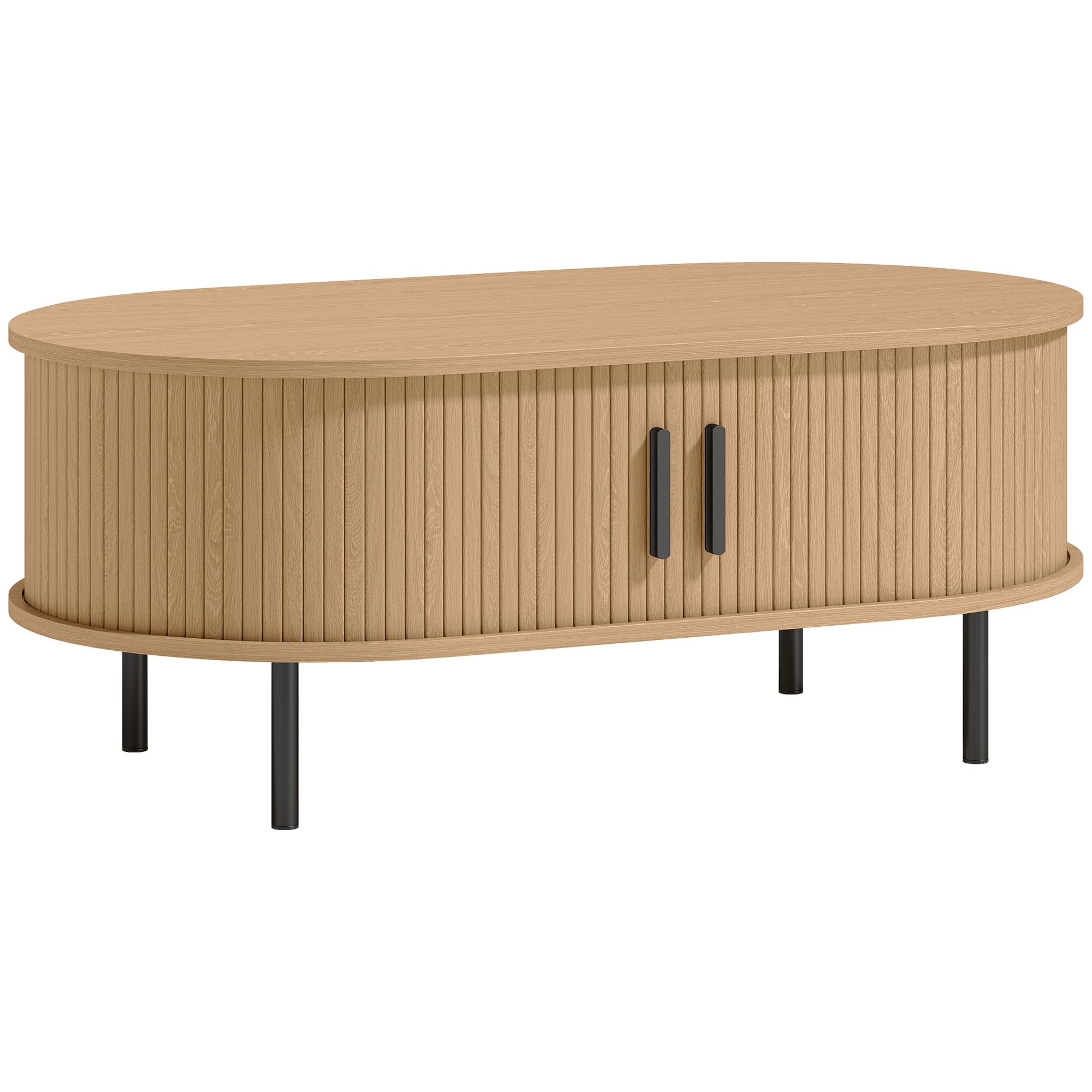 Mid-Century Modern Coffee Table, Center Table for Living Room with Storage, Sliding Tambour Doors, Rounded Edges and Metal Legs, Natural Wood Effect