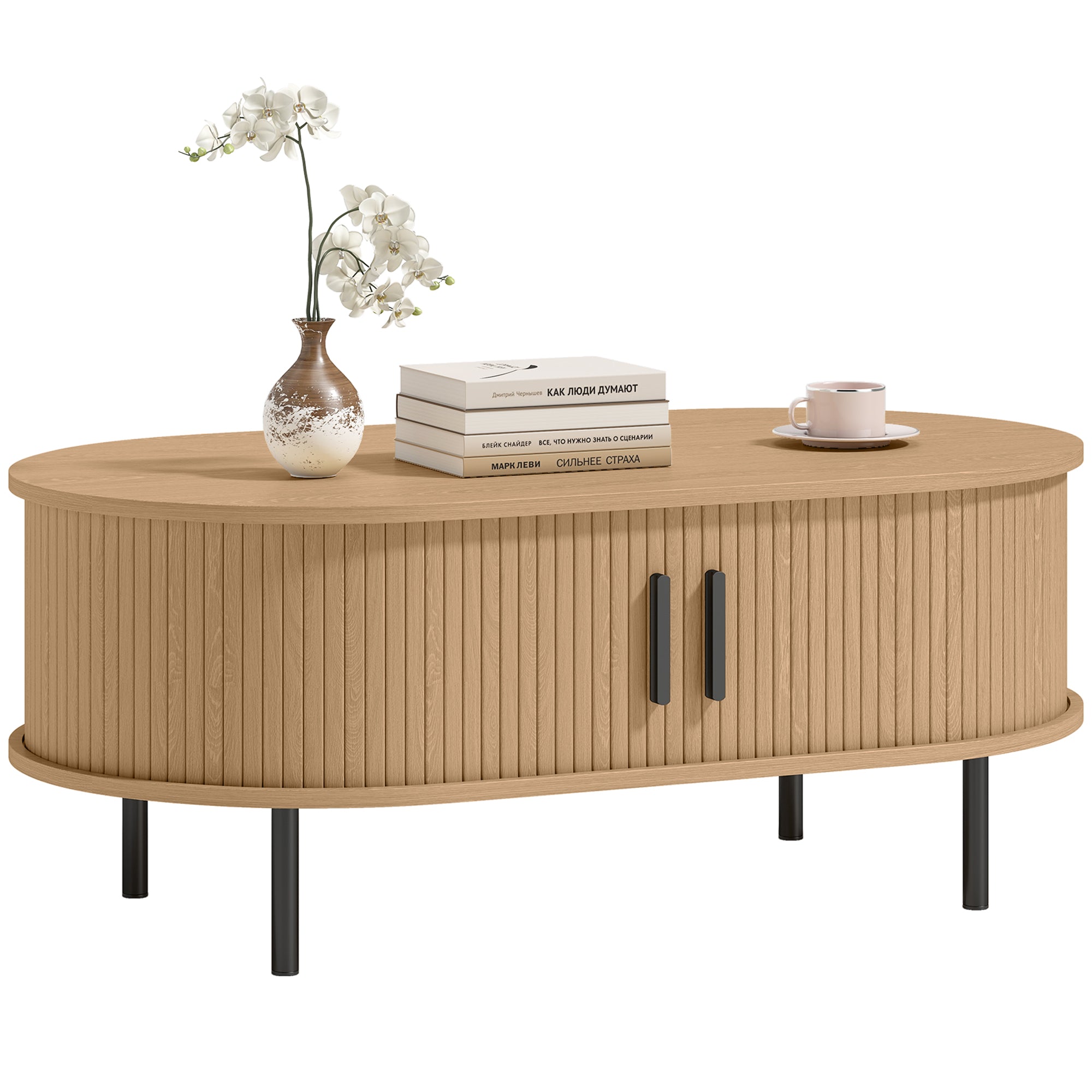 Mid-Century Modern Coffee Table, Center Table for Living Room with Storage, Sliding Tambour Doors, Rounded Edges and Metal Legs, Natural Wood Effect