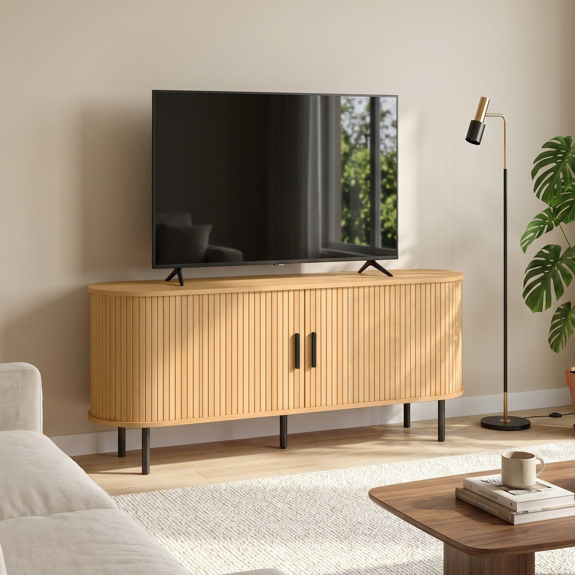 TV Stand for TVs up to 60", Modern Entertainment Center with Curved Sliding Doors, Media Console with 6 Storage Compartments, Natural Wood