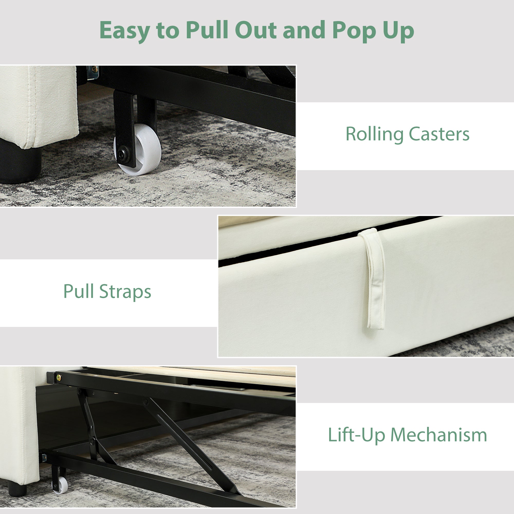 Upholstered Twin Daybed with Pop Up Trundle, Twin to King Sofa Day Bed Frame with Headboard, Armrests, Velvet Trundle Bed with Wood Slat Support for Living Room, Cream White