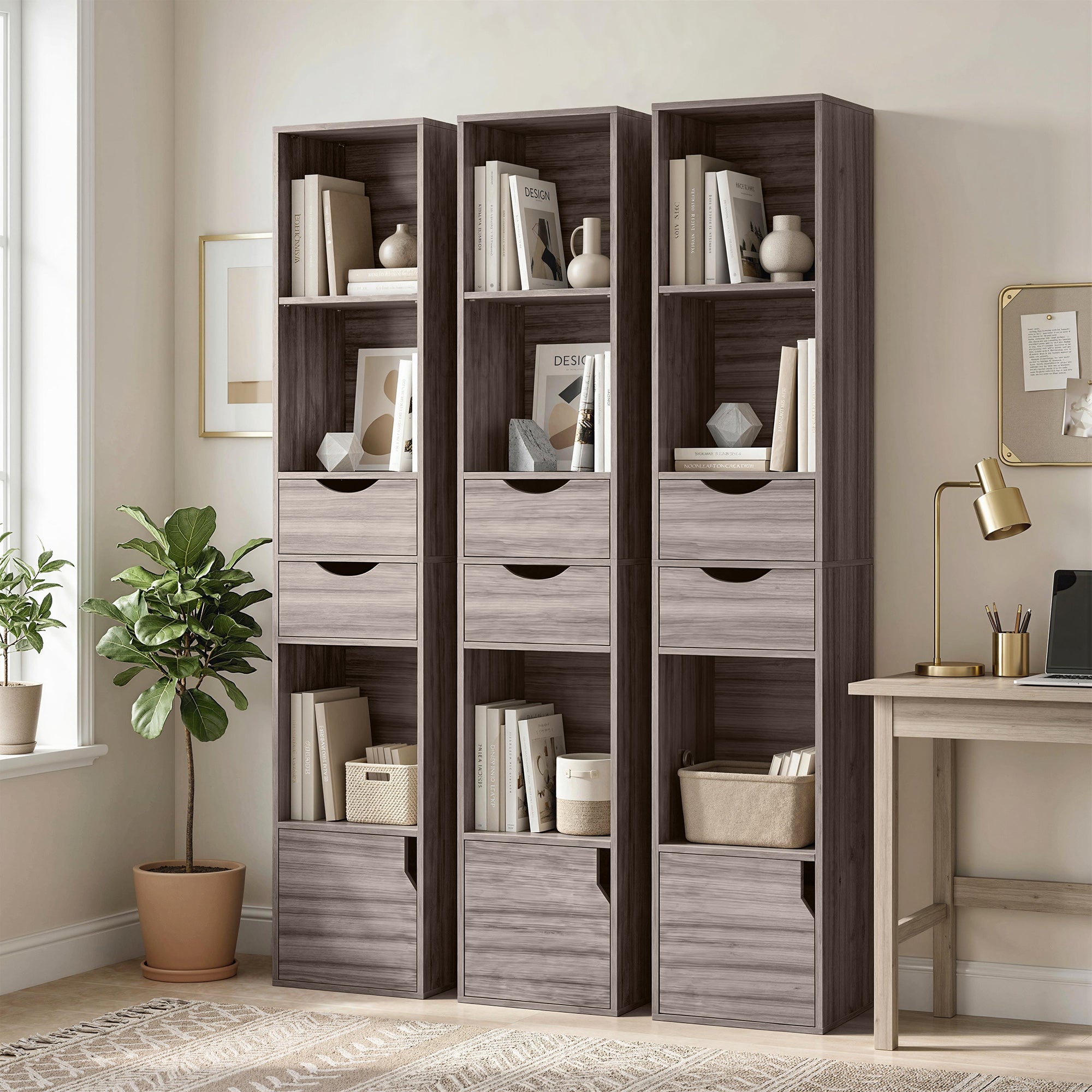 158 cm Bookcase with Drawers, 3-Tier Bookshelf, Slim Storage Cabinet with Doors, Adjustable Shelf for Living Room, Bedroom, Home Office, Grey