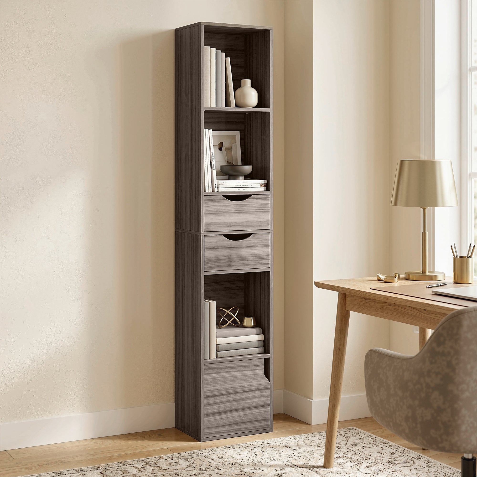 158 cm Bookcase with Drawers, 3-Tier Bookshelf, Slim Storage Cabinet with Doors, Adjustable Shelf for Living Room, Bedroom, Home Office, Grey