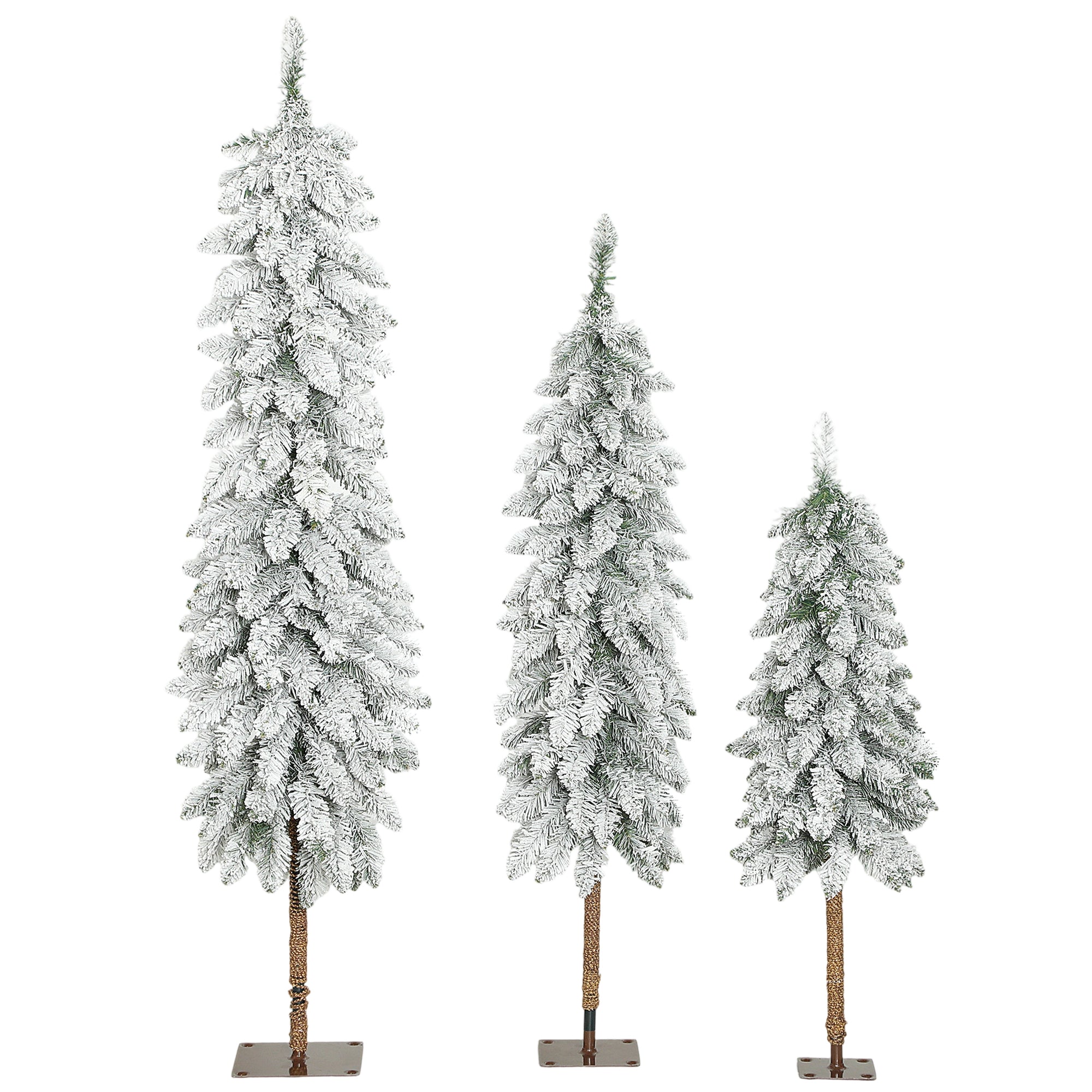 Set of 3 Pencil Flocked Christmas Tree, 3ft 4ft 5ft Slim Downswept Xmas Tree with Metal Stand, Fire-Resistant for Home Office Decor