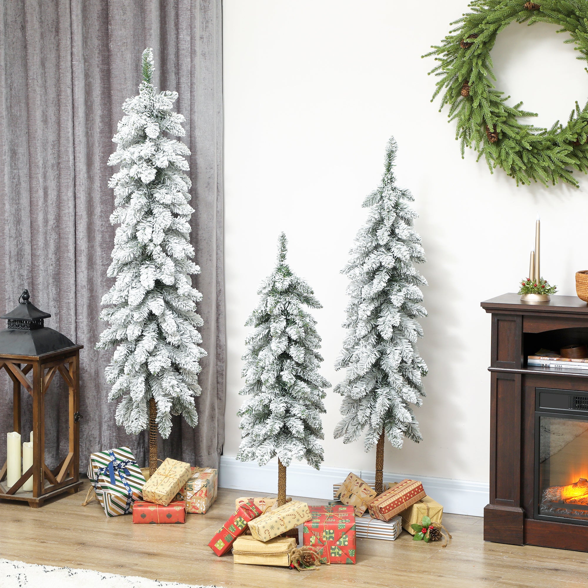 Set of 3 Pencil Flocked Christmas Tree, 3ft 4ft 5ft Slim Downswept Xmas Tree with Metal Stand, Fire-Resistant for Home Office Decor