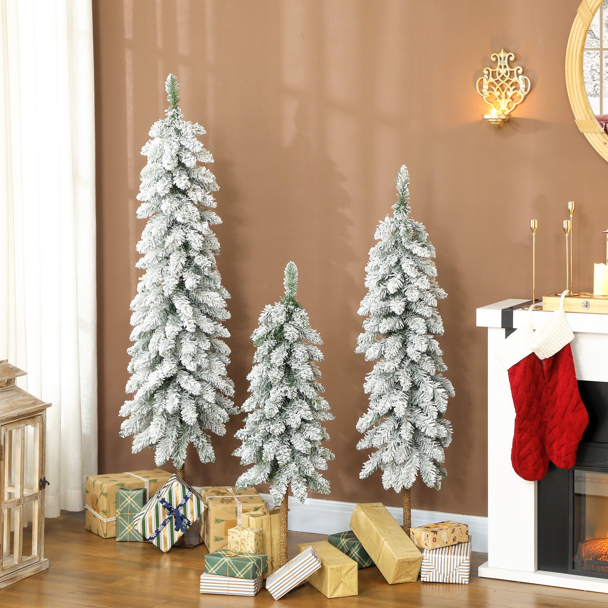 Set of 3 Pencil Flocked Christmas Tree, 3ft 4ft 5ft Slim Downswept Xmas Tree with Metal Stand, Fire-Resistant for Home Office Decor