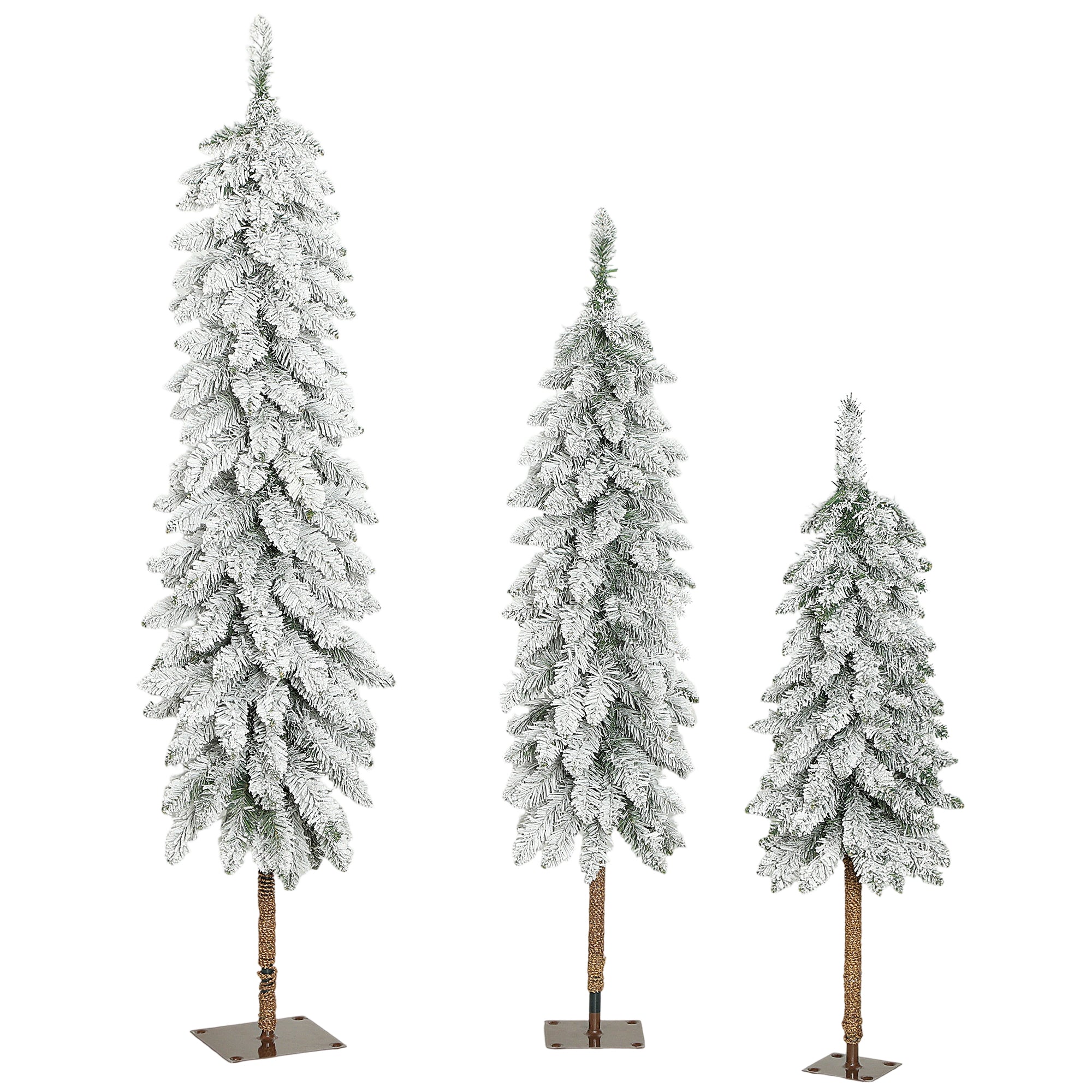 Set of 3 Pencil Flocked Christmas Tree, 3ft 4ft 5ft Slim Downswept Xmas Tree with Metal Stand, Fire-Resistant for Home Office Decor