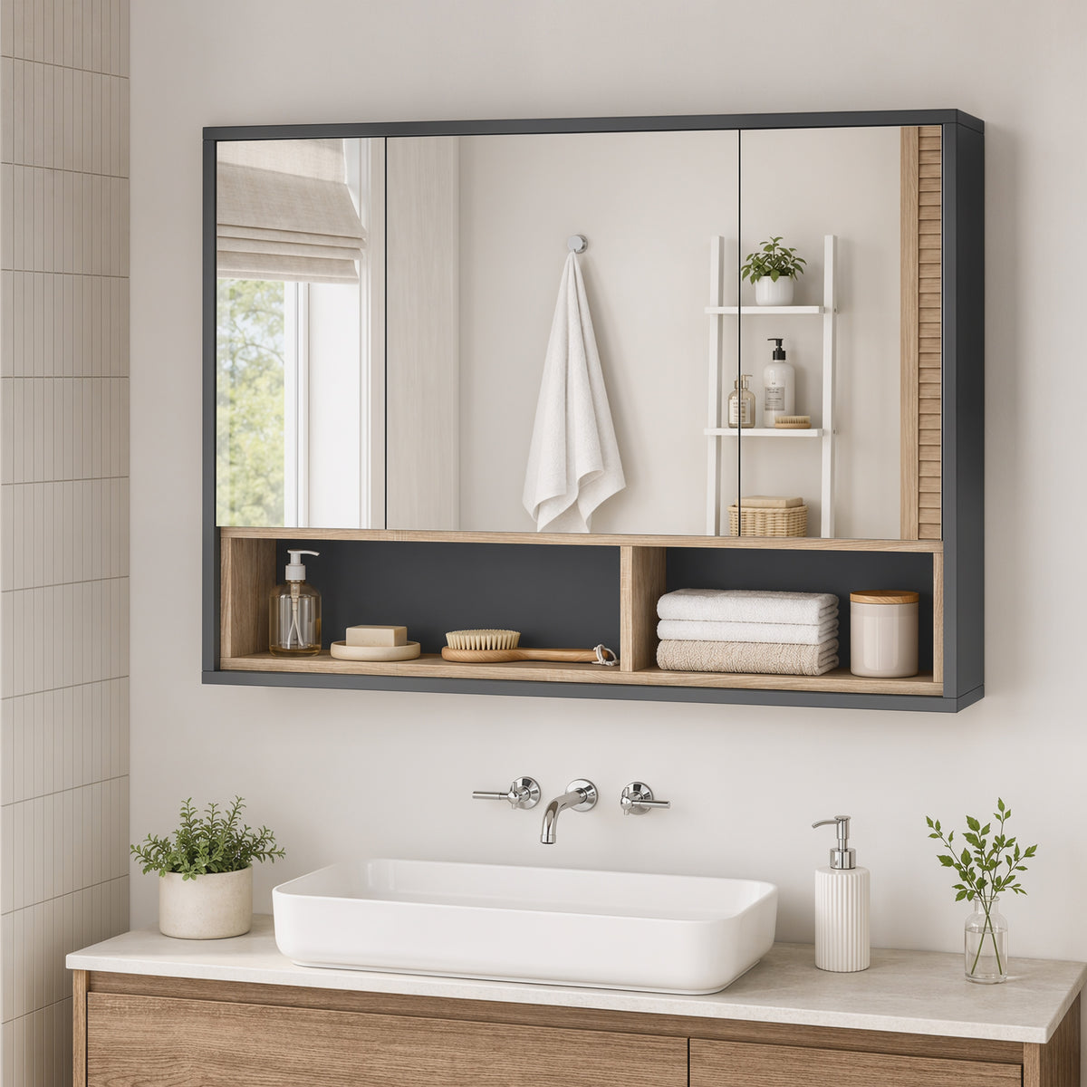 Medicine Cabinet with Mirror, Wall Mounted Bathroom Mirror Cabinet with Shelves, 3 Doors Storage Cabinet, Grey