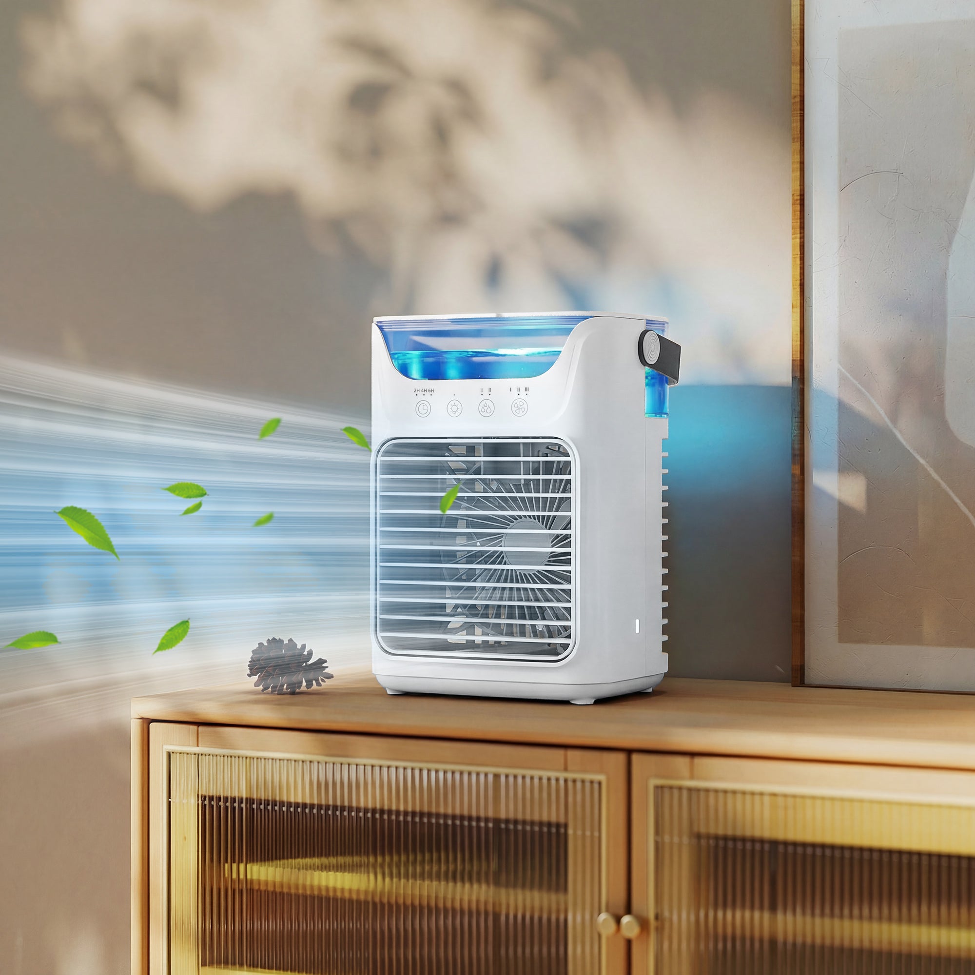 21 cm Desk Fan with Adjustable Head, 3-Speed Table Fan with 700 ml Water Tank, Small Fan with RGB Light for Bedroom, Home Office, White