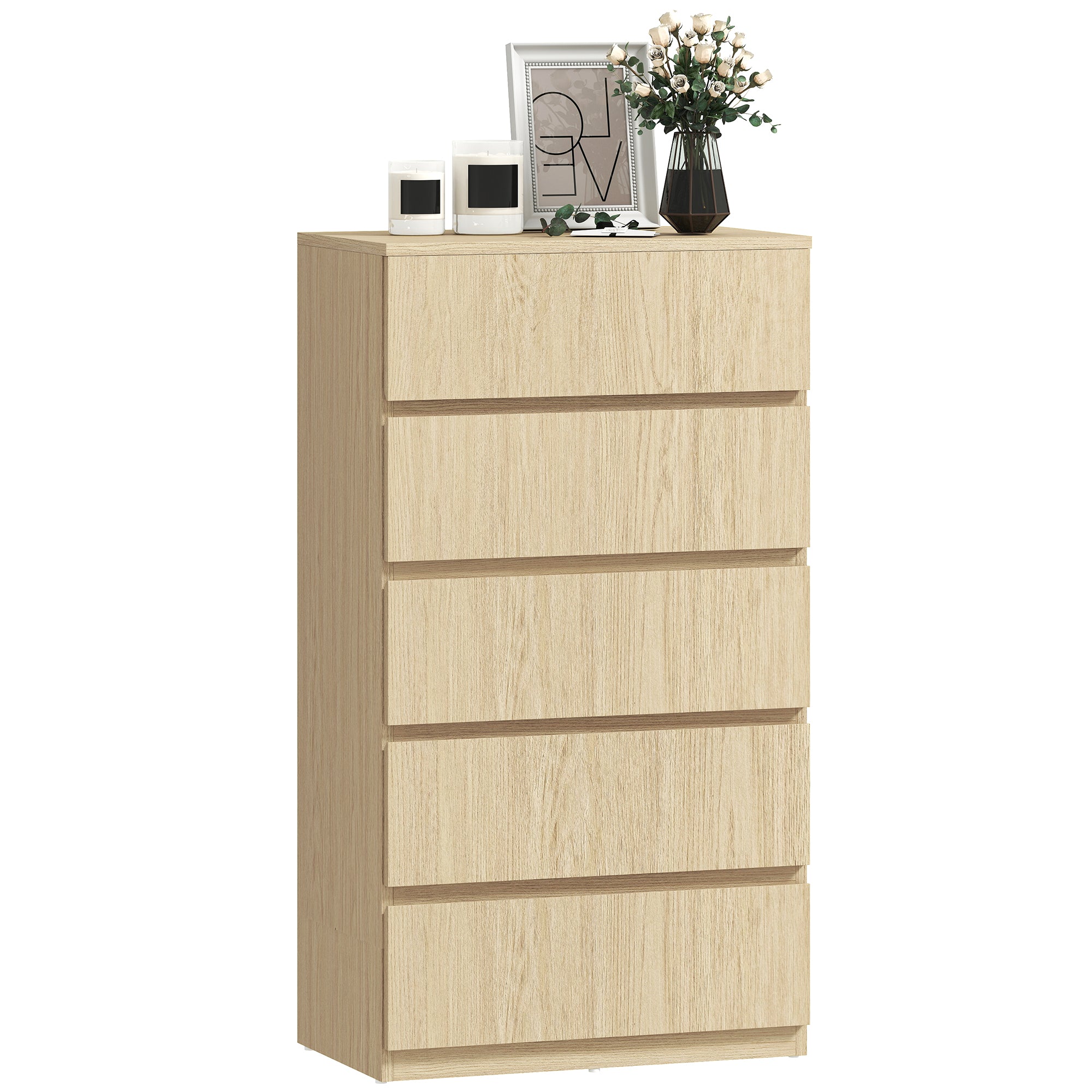 Chest of Drawers, 5 Drawers Storage Cabinet Floor Tower Cupboard for Bedroom Living Room, Natural Wood