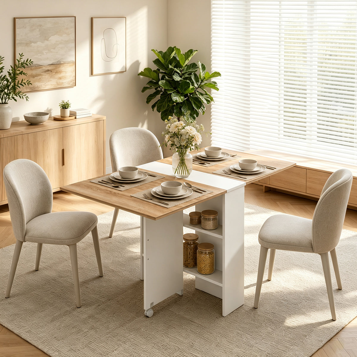 Folding Dining Table, Drop Leaf Table with 2-Tier Shelves, Rolling Casters, for Small Spaces, Kitchen, White and Natural