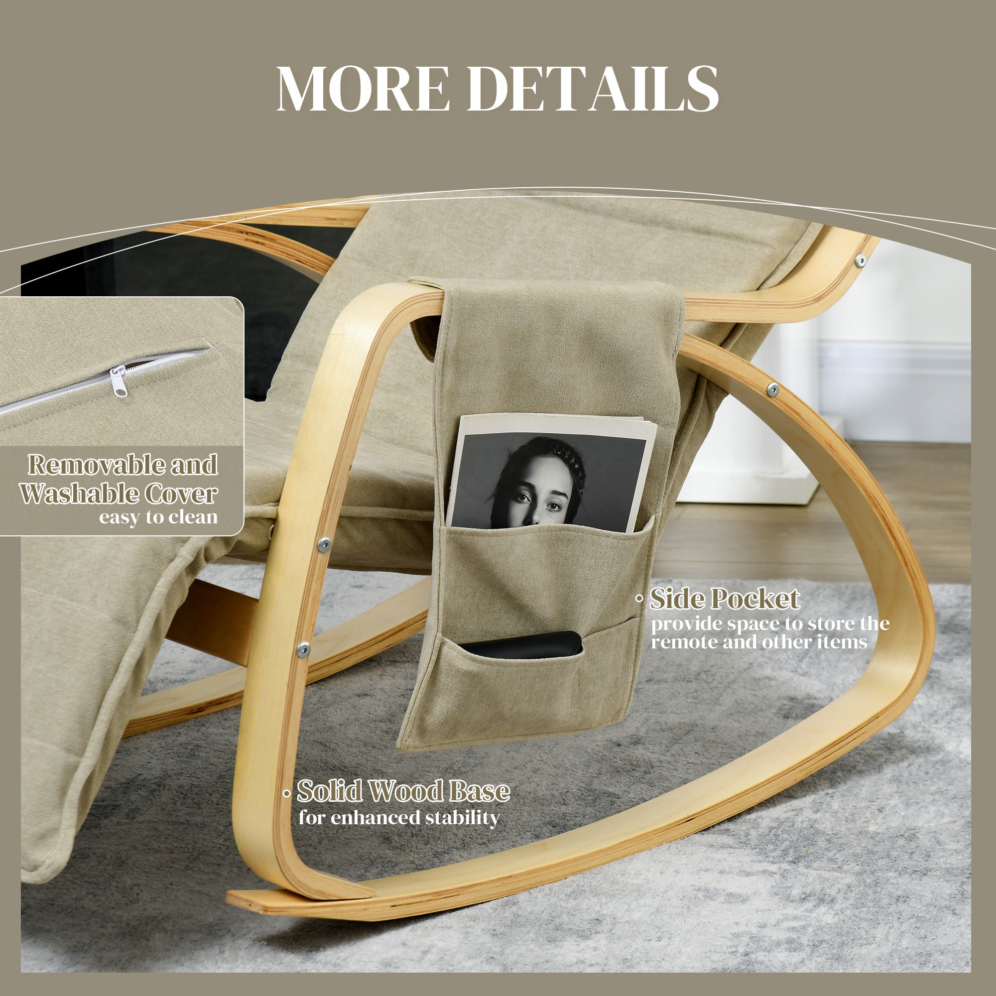 HOMCOM Rocking Lounge Chair Recliner Relaxation Lounging Relaxing Seat with Adjustable Footrest, Side Pocket and Pillow, Khaki