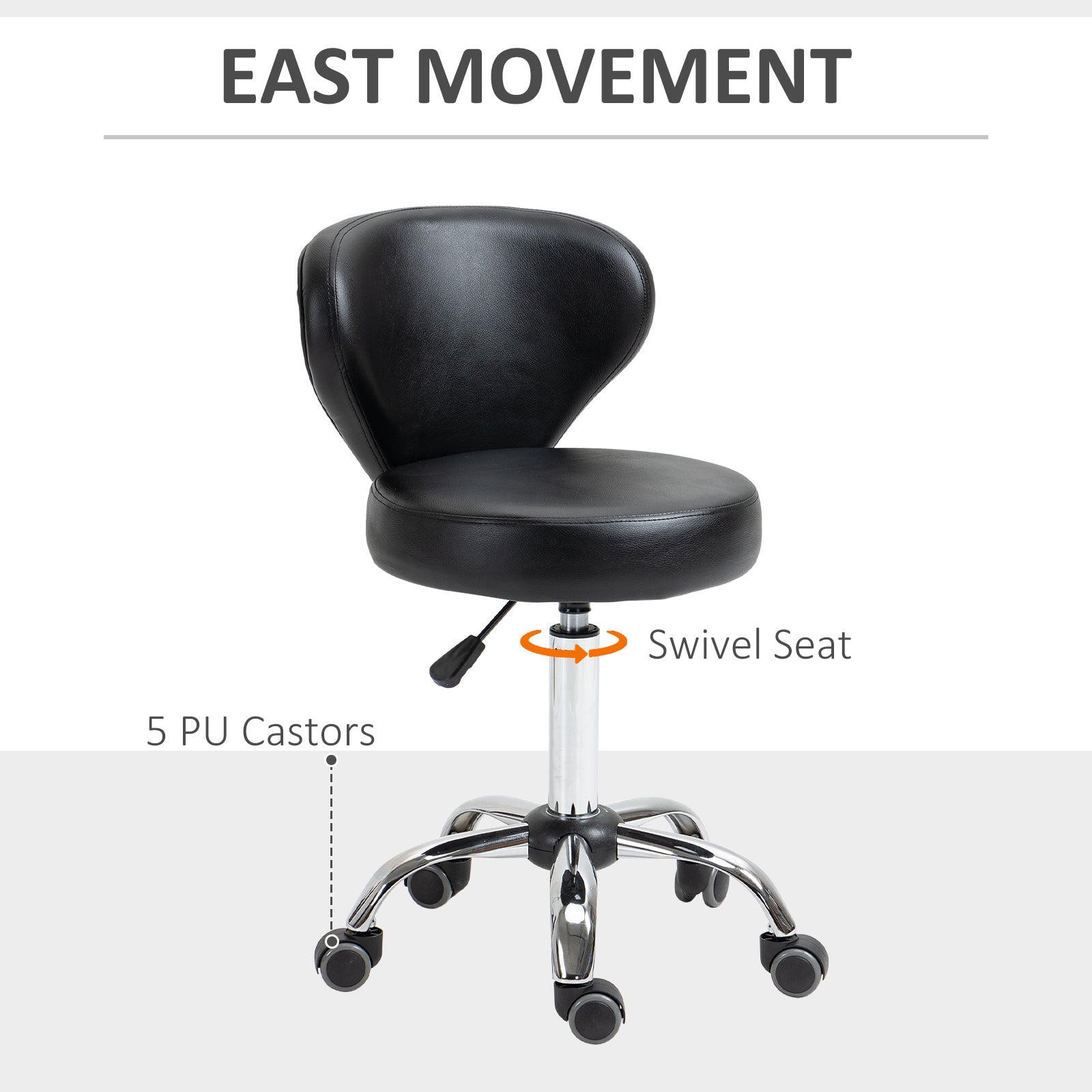 Adjustable Swivel Salon Stool with Backrest and Wheels, Office & Living Room Chair, Synthetic Leather, Black, 17.7" L x 21.3" W x 28.7" - 34.6" H