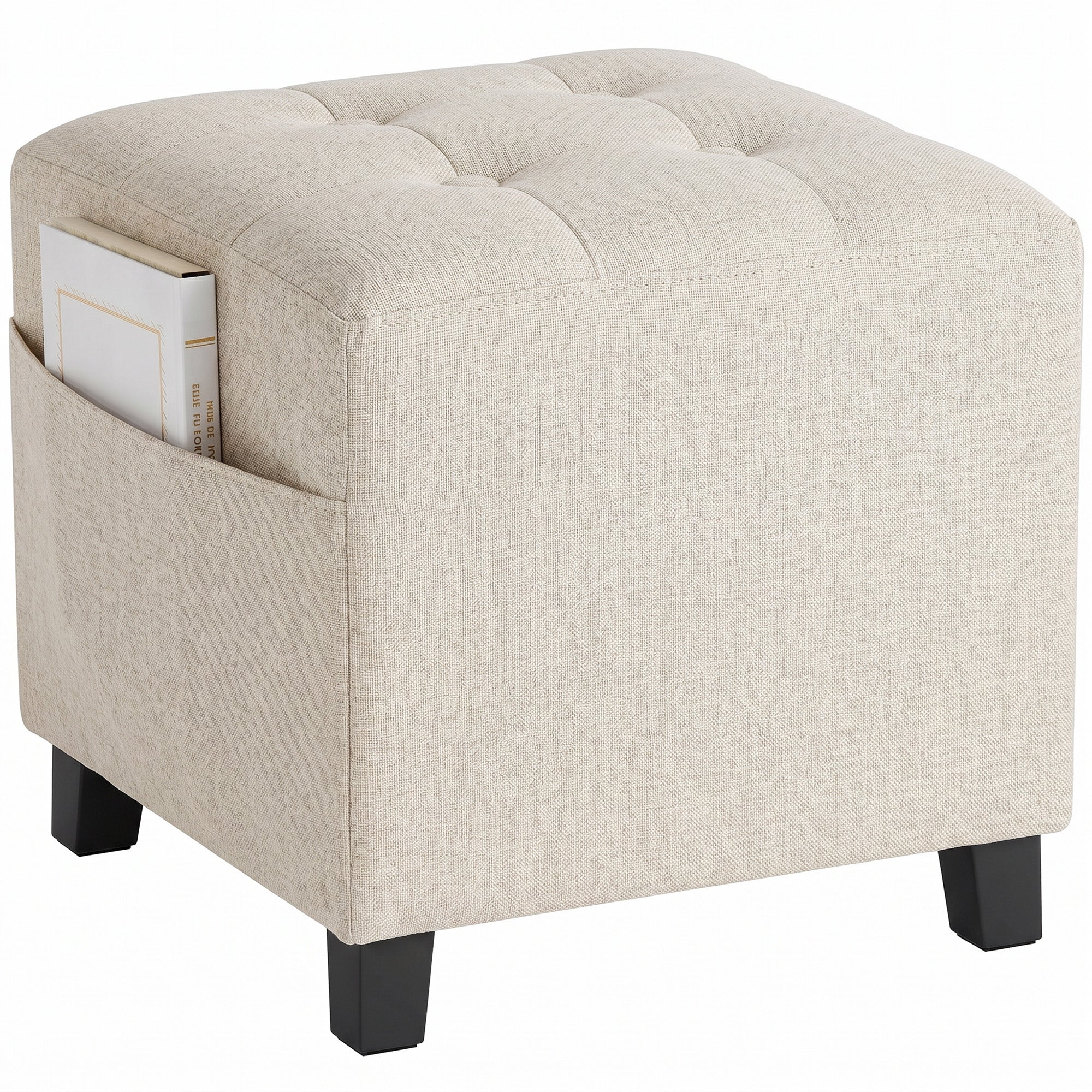 Square Footstool, Small Ottoman with Side Pocket, Linen-look Fabric Footrest Foot Stool with Rubber Wood Legs and Padded Seat for Living Room, Bedroom, Entryway, 35 x 35 x 35cm, Beige
