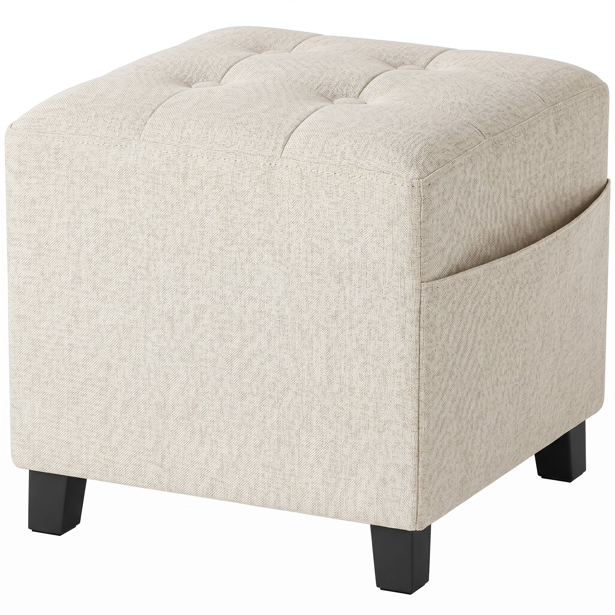Square Footstool, Small Ottoman with Side Pocket, Linen-look Fabric Footrest Foot Stool with Rubber Wood Legs and Padded Seat for Living Room, Bedroom, Entryway, 35 x 35 x 35cm, Beige