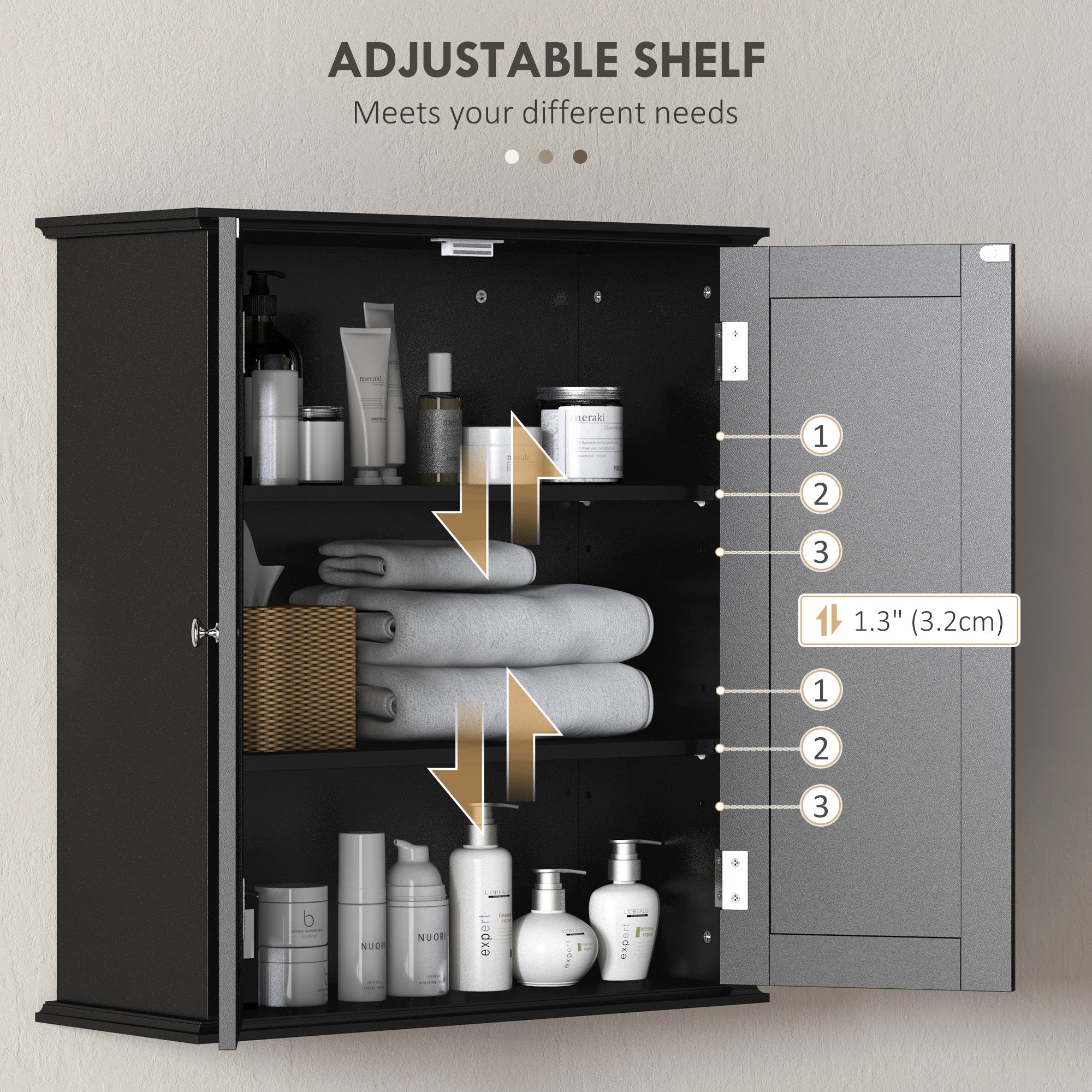 HOMCOM Medicine Cabinet, 3-Tier Bathroom Wall Cabinet with Adjustable Shelf and 2 Doors, Space Saver Bathroom Storage Cabinet Over Toilet, Black