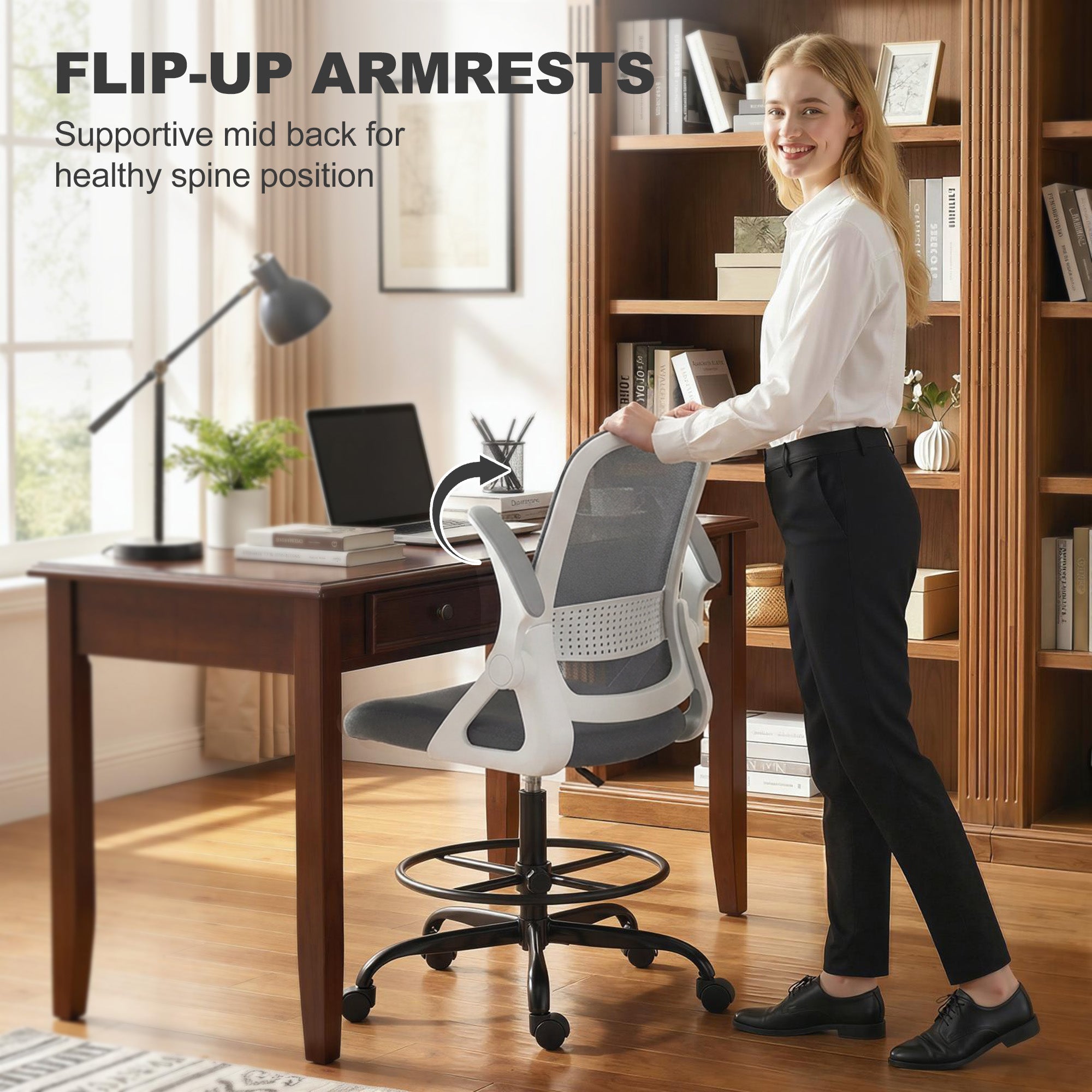 Drafting Chair, Mesh Standing Desk Chair with Flip-up Armrests, Adjustable Height and Footrest, Lumbar Support, Rolling Wheels for Home Office, Grey