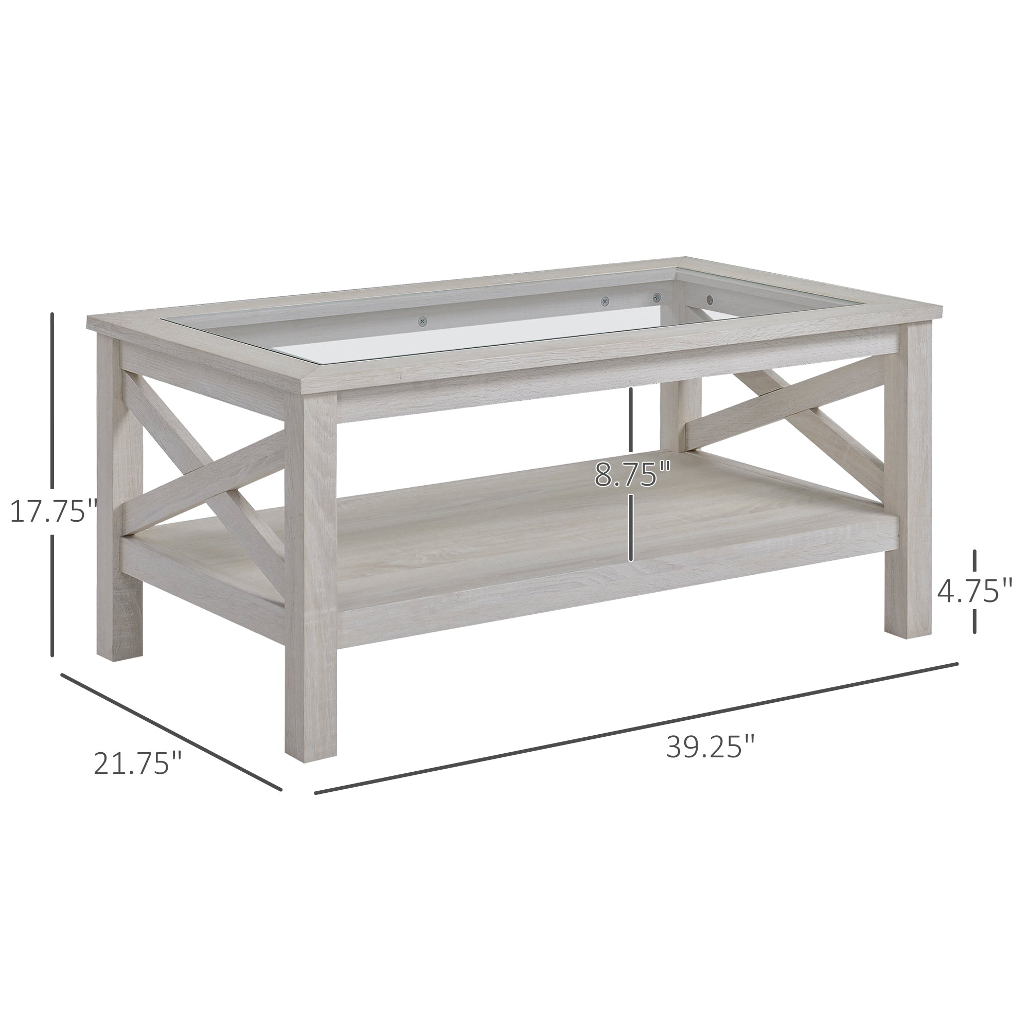 39.25'' L Coffee Table with Tempered Glass Tabletop & Underneath Storage Shelf, White Oak