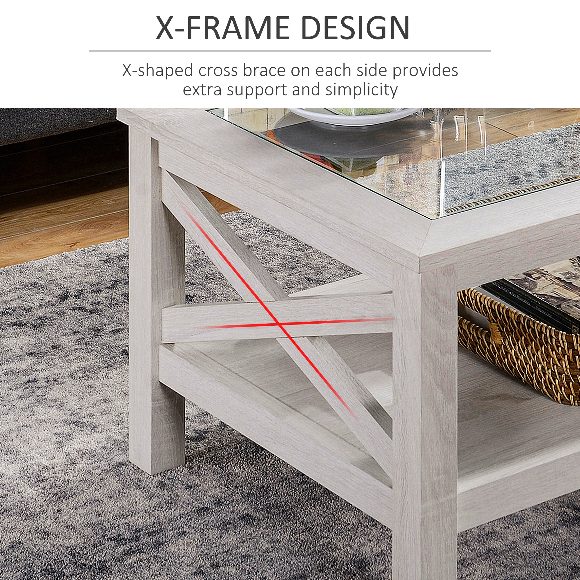 39.25'' L Coffee Table with Tempered Glass Tabletop & Underneath Storage Shelf, White Oak